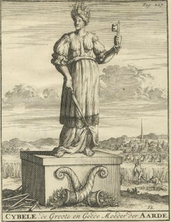 Original Old Engraving showing Cybele, the Anatolian Mother Goddess, 1686