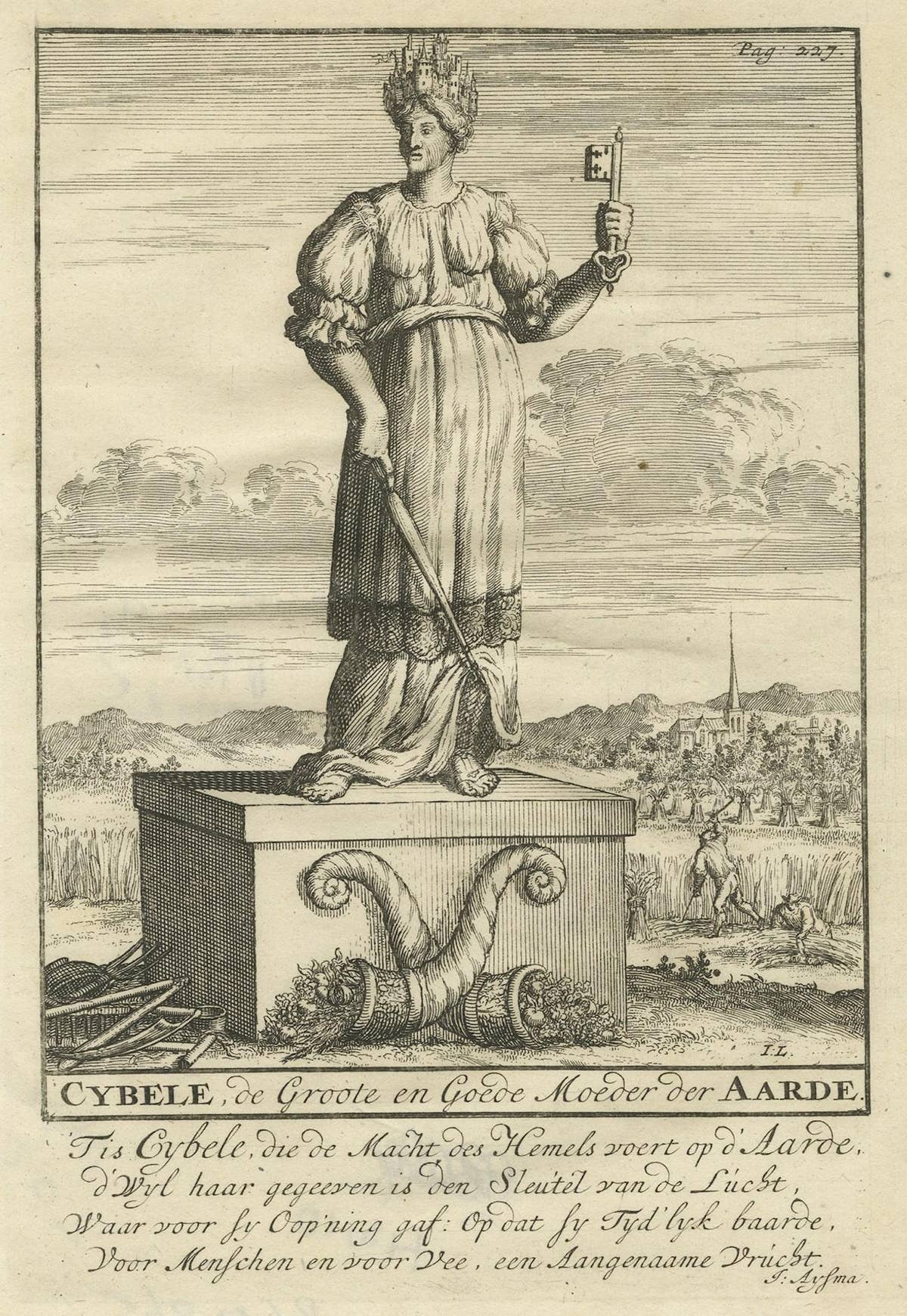 Original Old Engraving showing Cybele, the Anatolian Mother Goddess, 1686