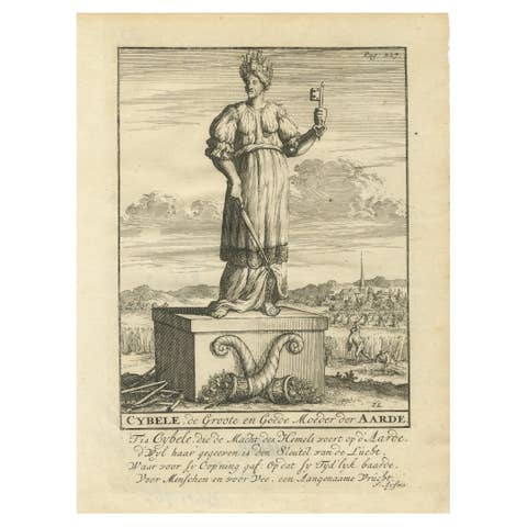 Original Old Engraving showing Cybele, the Anatolian Mother Goddess, 1686