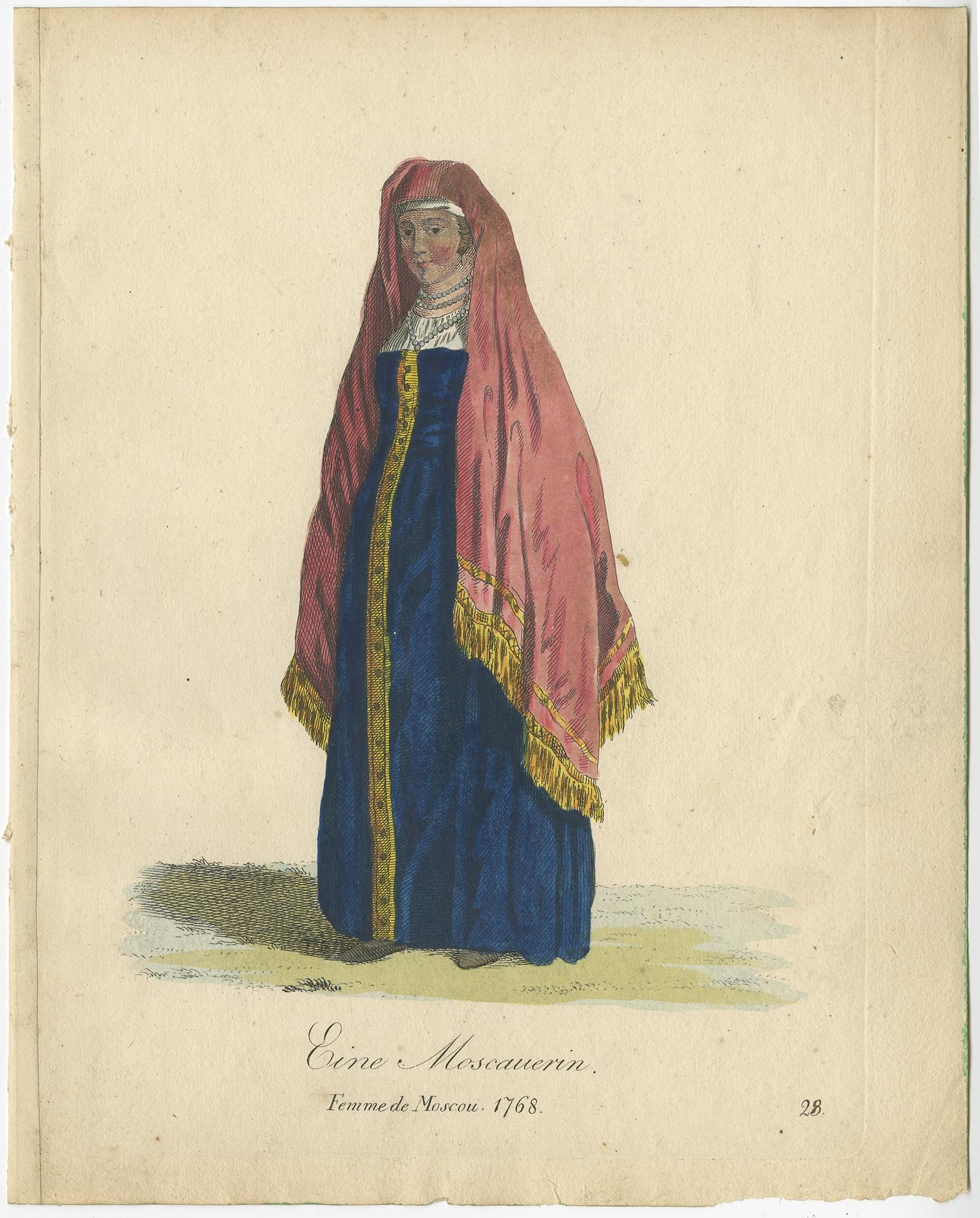 Impression ancienne de costume intitulée 'Eine Moscauerin - Femme de Moscou 1768'. 

Cette gravure représente une dame de Moscou, en Russie. Provient d'un livre de costumes rare intitulé 