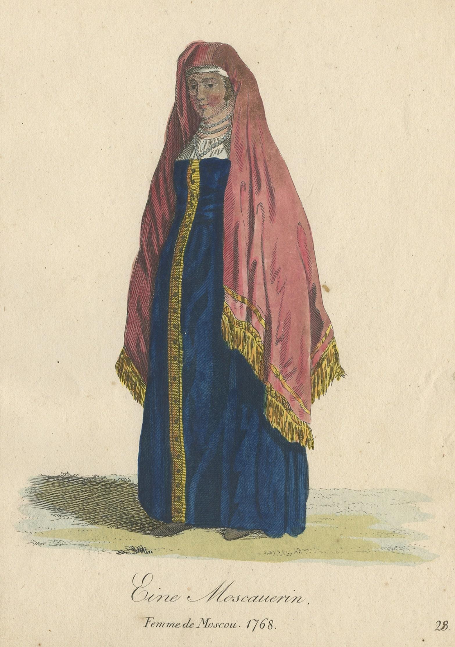 Ancienne gravure originale colorée à la main d'une femme de Moscou, Russie, 1805 Bon état - En vente à Langweer, NL