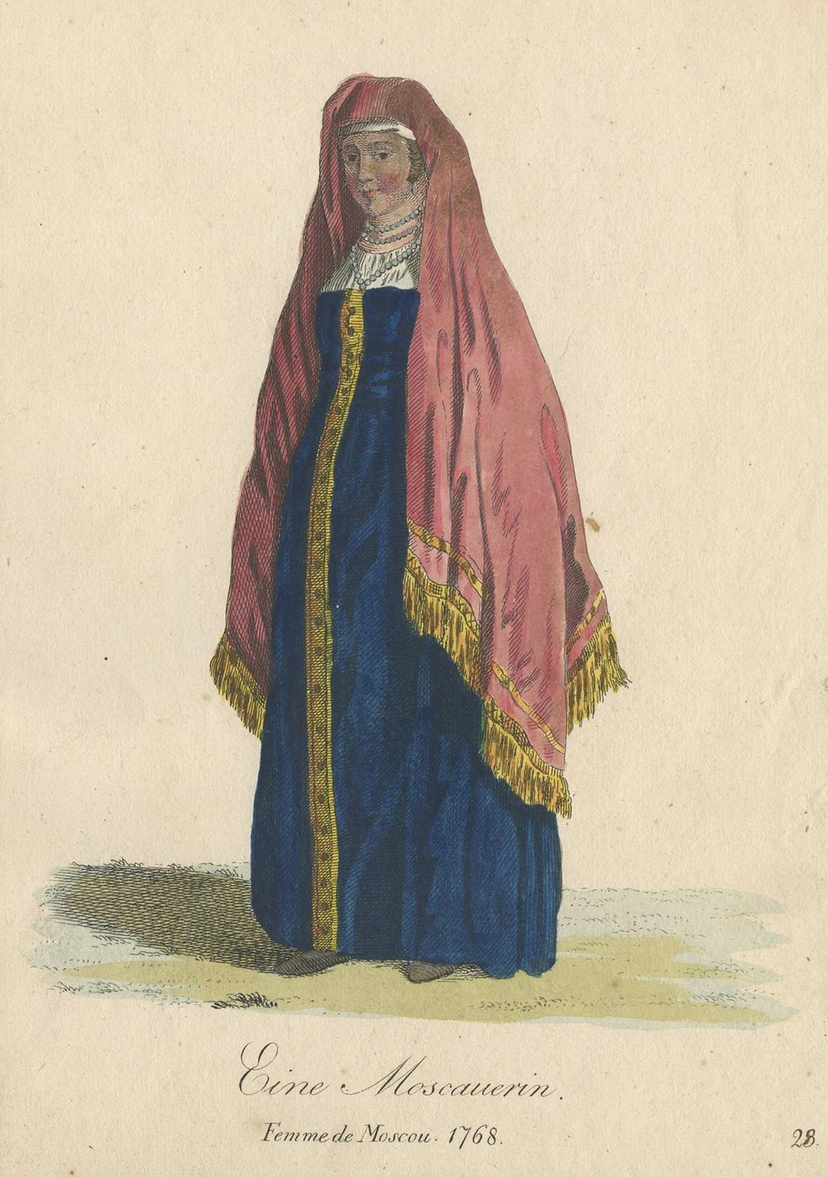 Original Old Hand-Colored Engraving of a Lady from Moscow, Russia, 1805