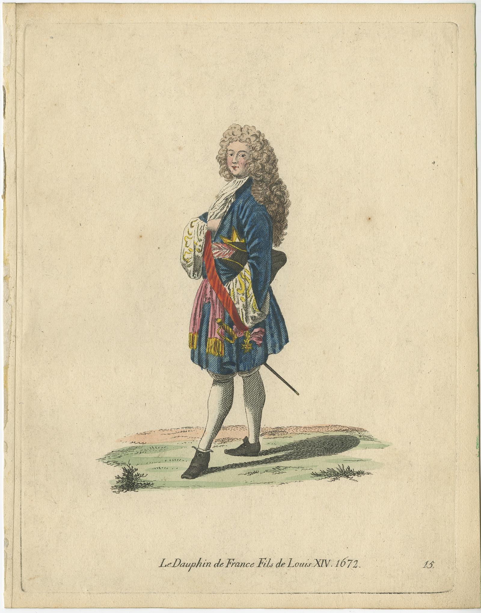 Antique costume print titled 'Le Dauphin de France Fils de Louis XIV. 1672.'. 

This print depicts the Dauphin of France, Son of Louis XIV. Originates from a rare costume book titled 'Sammlung von Trachten bey verschiedenen ältern und neuern