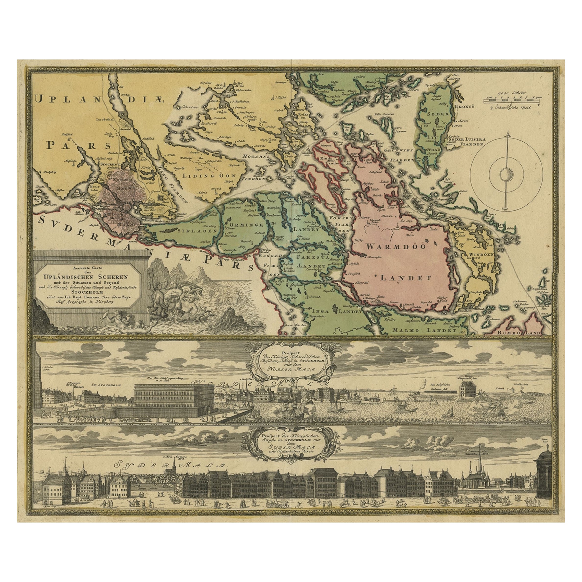 Mapa original antiguo al este de Estocolmo, la isla Ljusterö y Värmdö, Suecia, 1720 en venta