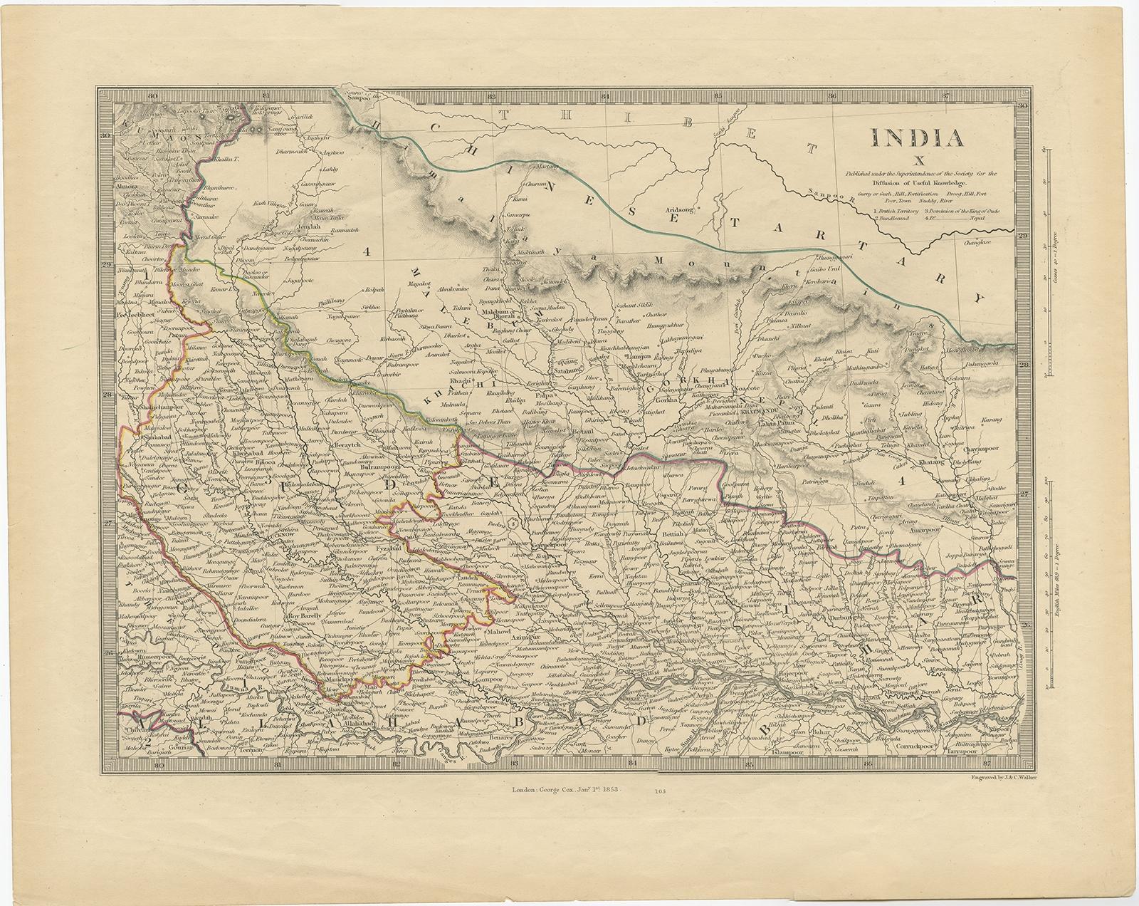 Antique map titled 'India X'. 

Old map of the the northeast region of India, including part of Himalayas and China. Great detail of landforms, rivers and water bodies, cities, towns, and ports. 

Artists and Engravers: Published by G. Cox,