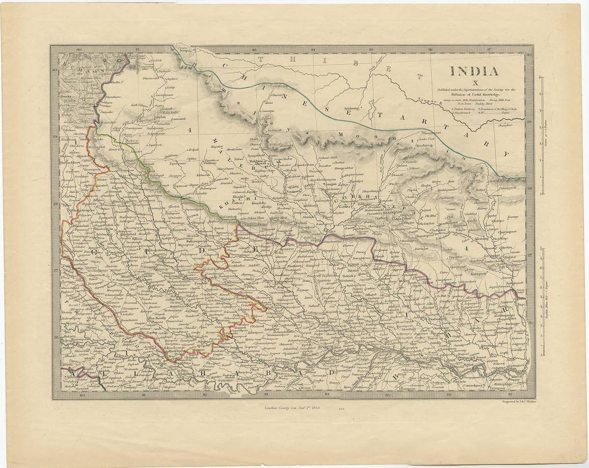 Original Old Map Northeast India, incl Part of Himalayas and China, 1853