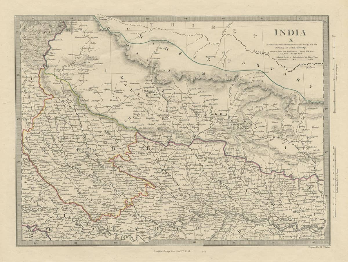 Original Old Map Northeast India, incl Part of Himalayas and China, 1853