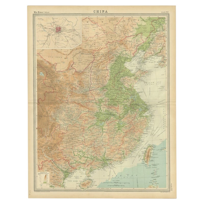 Vecchia mappa originale della Cina orientale, raffigurante anche Taiwan 'Formosa', 1922