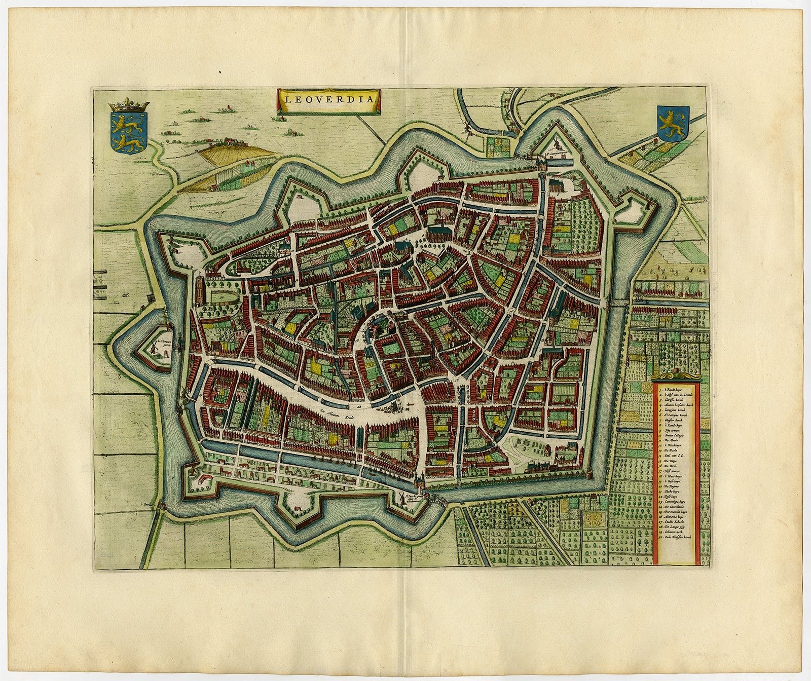 Antique print, titled: 'Leoverdia.' 

This map shows Leoverdia (Leeuwarden). Bird's-eye view plan of Leeuwarden in The Netherlands, with key to locations and coats of arms. Text in Dutch on verso. This plan originates from the famous city Atlas: