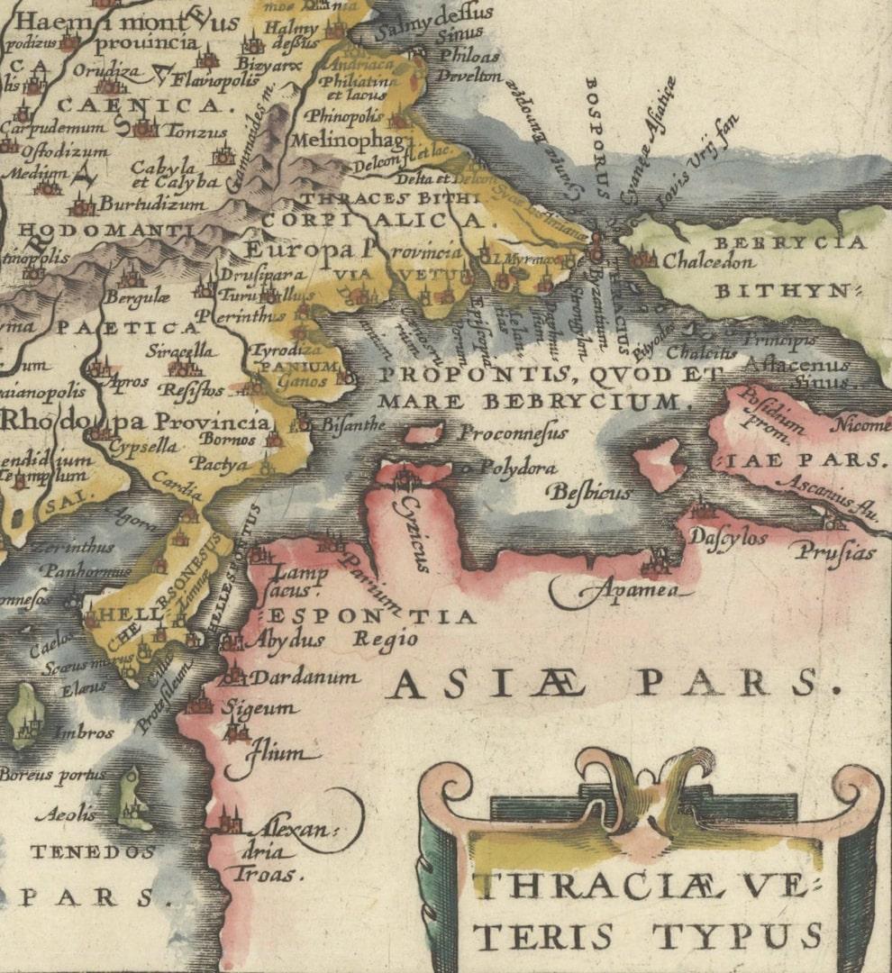 This small map was engraved by Petrus Kaerius and is based on Ortelius' map of the same title. It covers the ancient region of Thrace, present-day European Turkey and part of Greece. The map is graced with two attractive strapwork cartouches.


