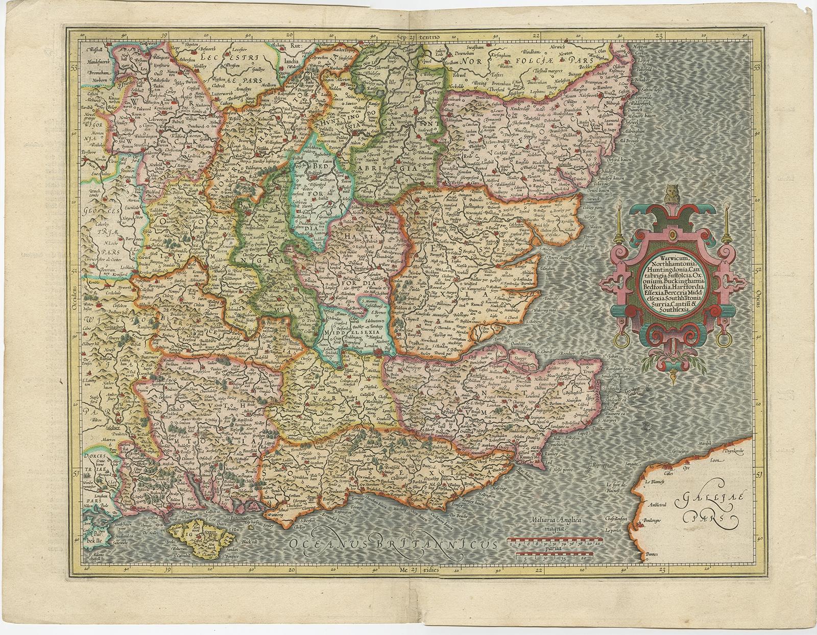 Antique map titled 'Warwicum, Northhamtonia, Huntingdonia, Cantabrigia, Suffolcia, Oxonium, Buckinghamia, Befordia, Harfordia, Essexia, Berceria, Middlesexia, Southhatonia, Surria, Catiu & Southsexia'. 

Old map of south east England. Includes