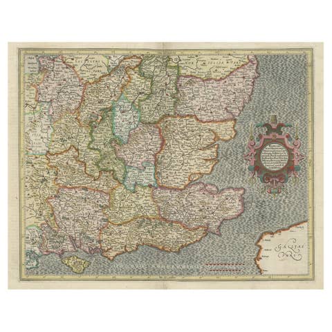 Original Old Map of South East England Incl London, Oxford, Cambridge, Etc, 1633