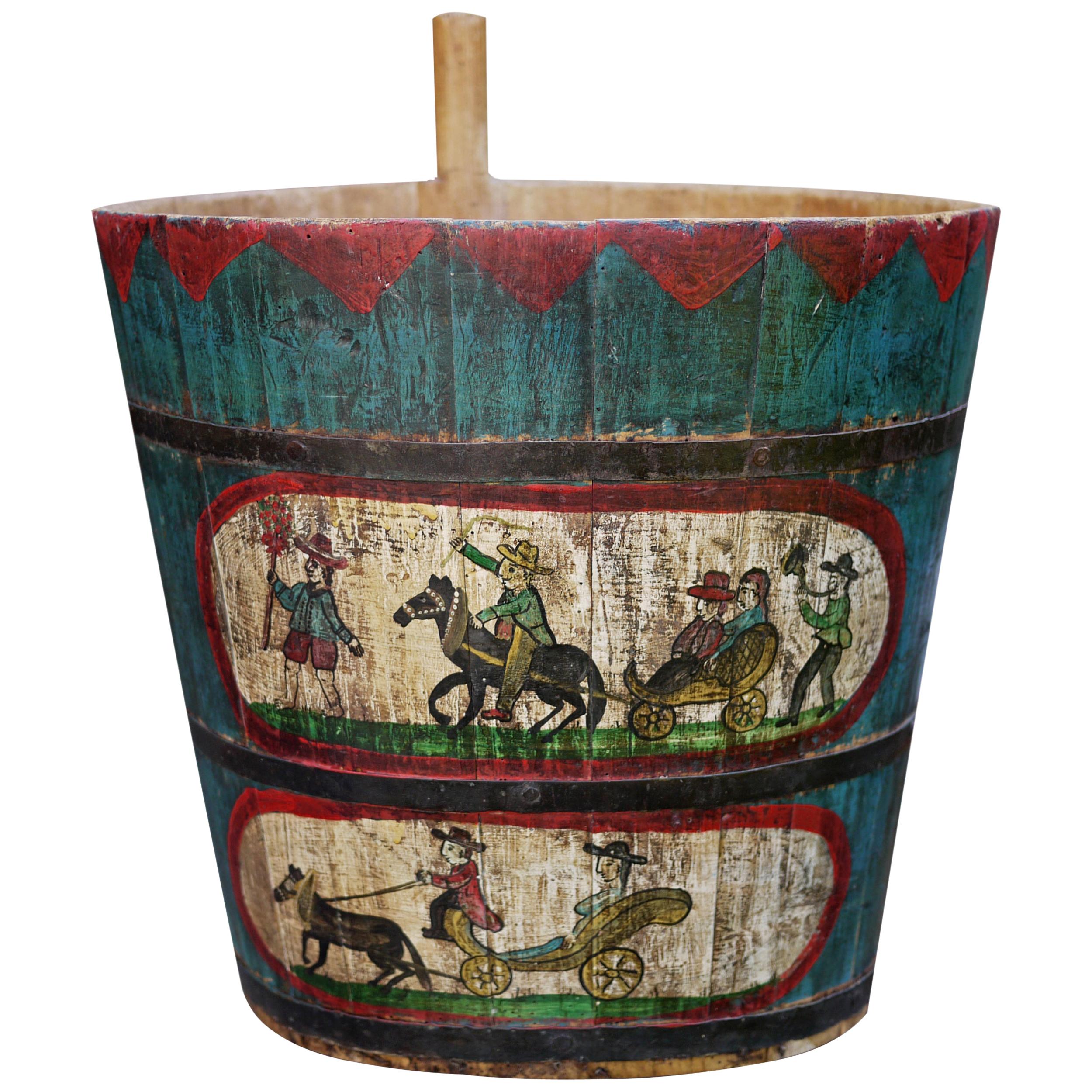 Original Old Painted Storage Basket, Hand Decorated