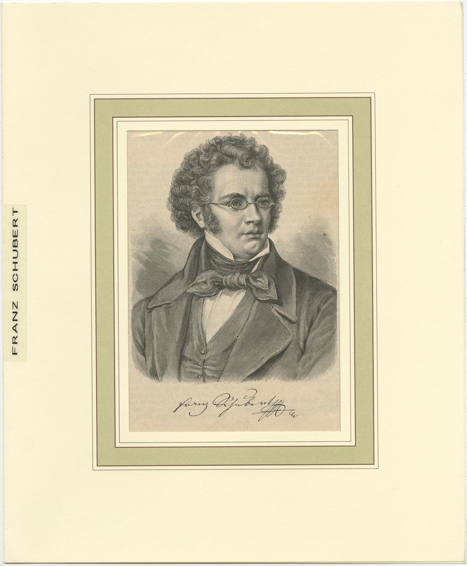 Antique print titled 'Franz Schubert'. Portrait of Franz Schubert. Franz Peter Schubert was an Austrian composer of the late Classical and early Romantic eras.

Artists and Engravers: Anonymous.

Condition: Good, age-related toning. This print