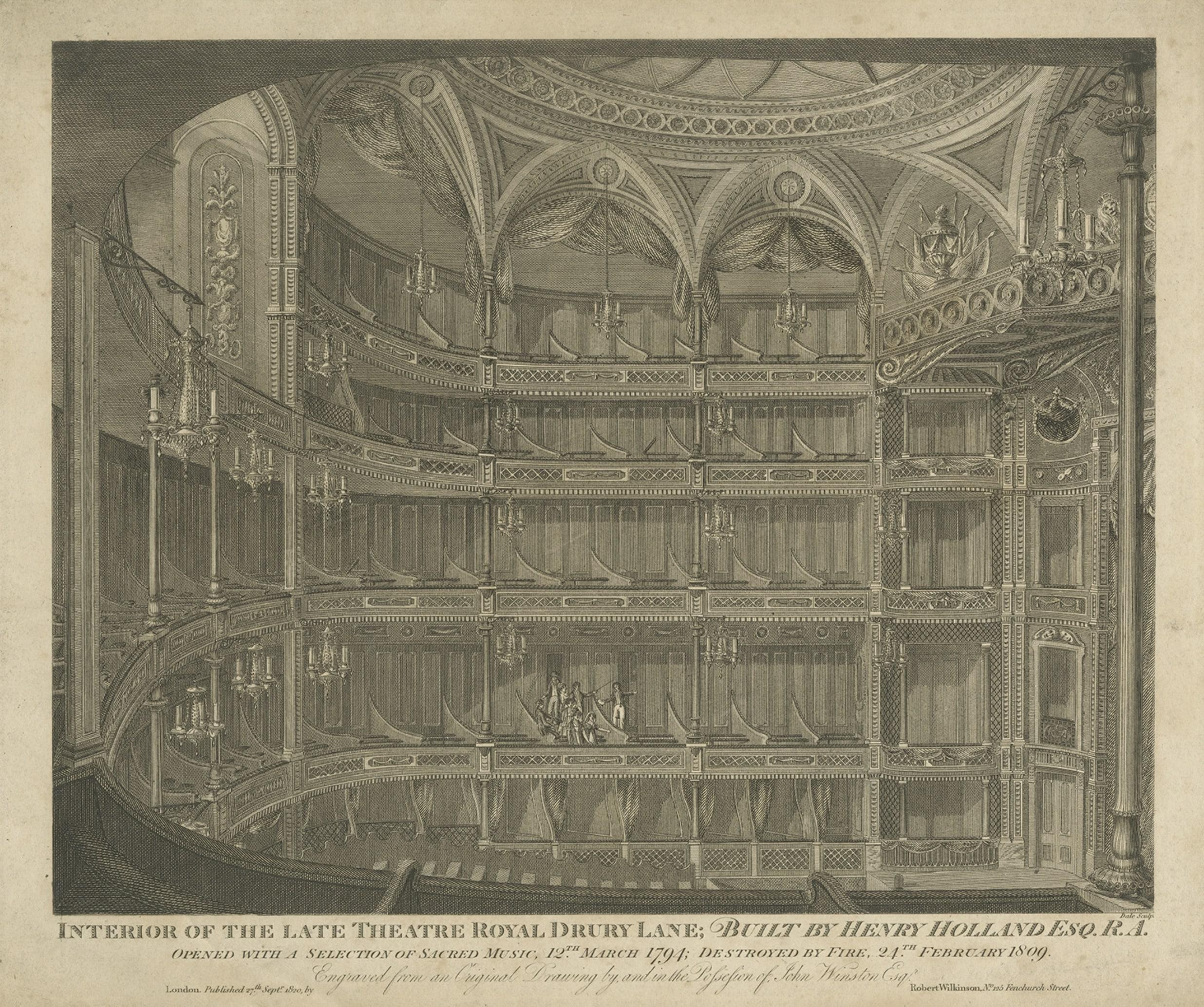 Ancienne estampe originale du Theatre Royal, Drury Lane à Londres, 1820 Bon état - En vente à Langweer, NL
