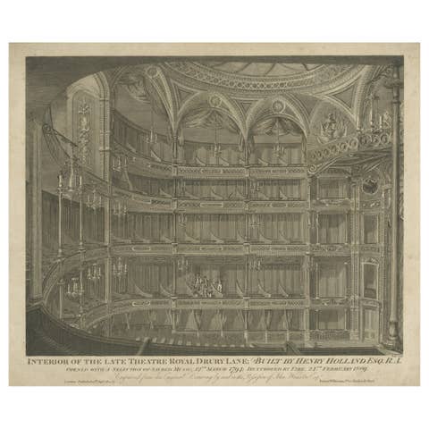 Original Old Print of the Theatre Royal, Drury Lane in London, 1820