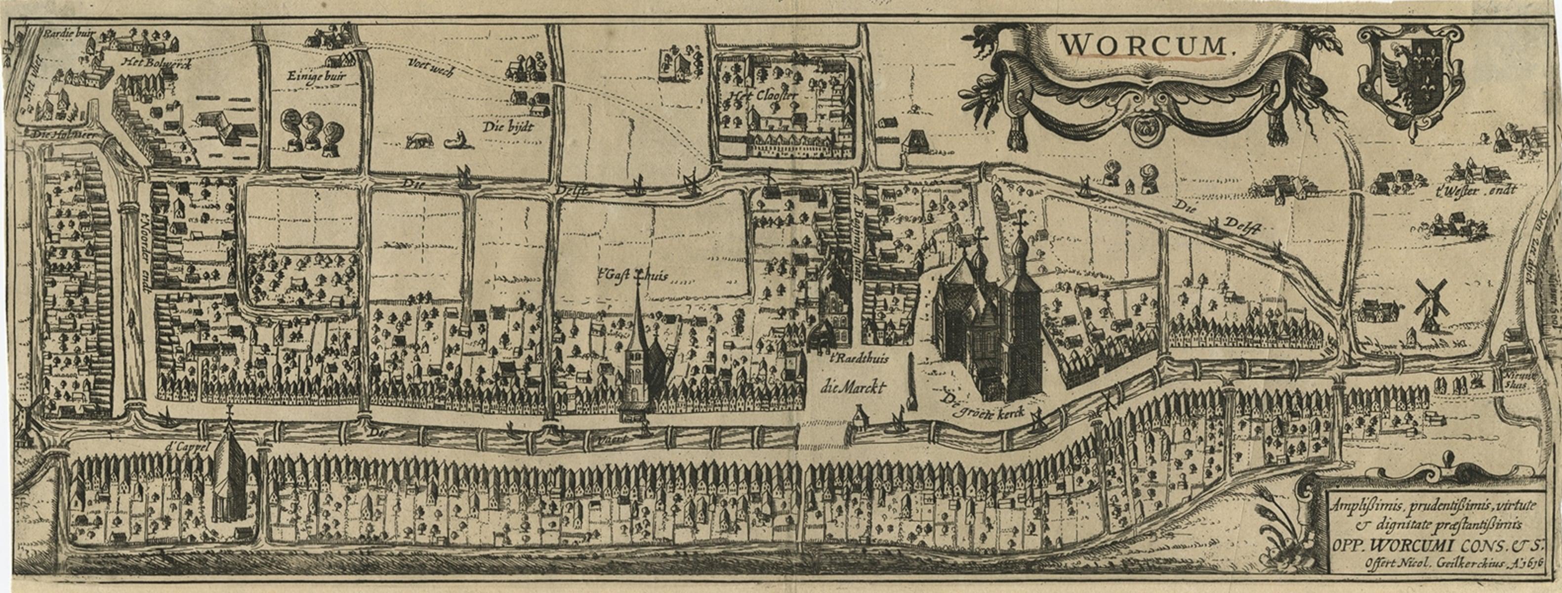 Antique map titled 'Worcum'. This print depicts the city of Workum (Friesland, The Netherlands). With German captions. This print originates from 'Rerum Frisicarum Historia' published by U. Emmius.

Artists and engravers: Nicolaes van Geelkercken