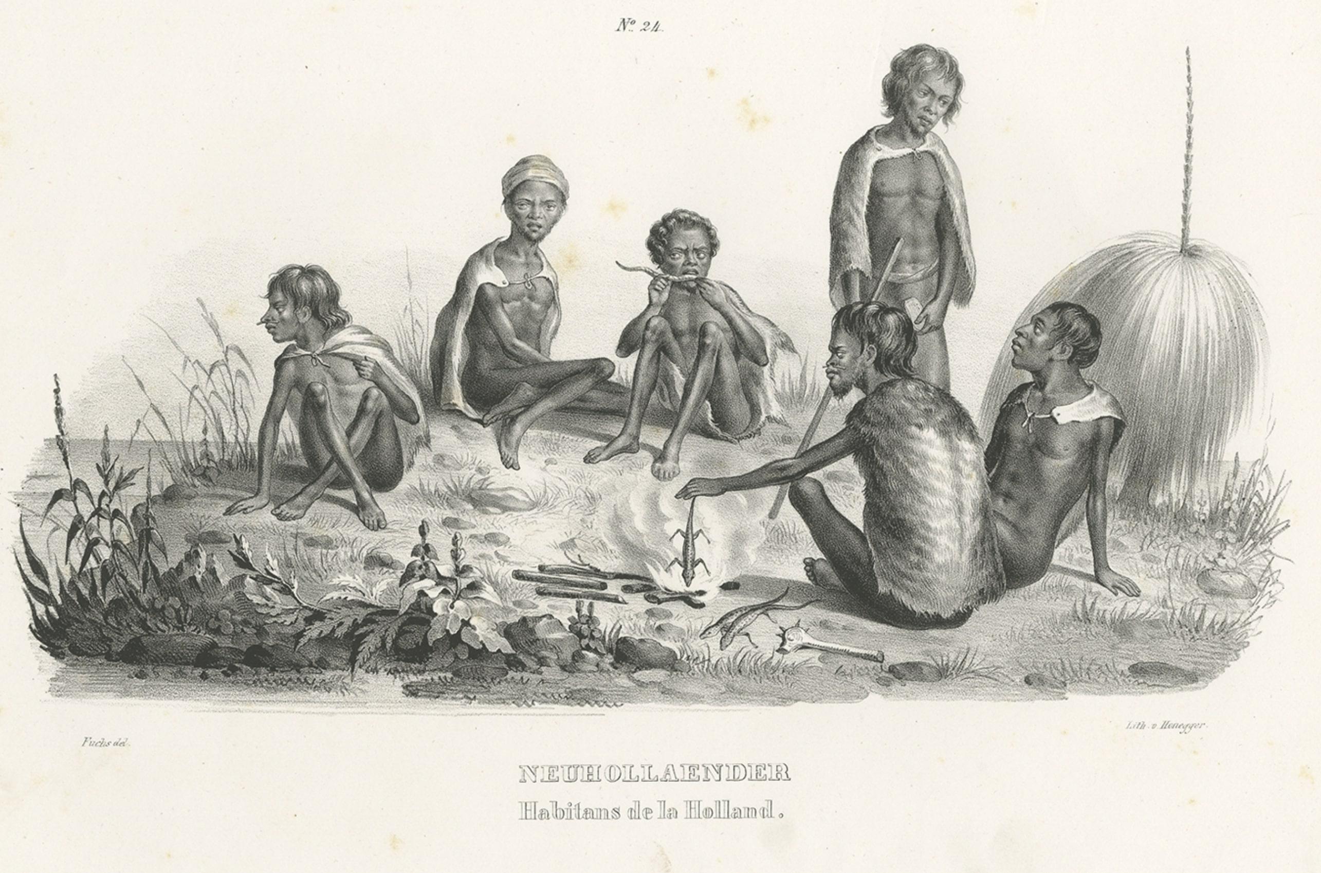 Original Old View of Aboriginals, Inhabitants of New Holland 'Australia', c.1845 In Good Condition For Sale In Langweer, NL