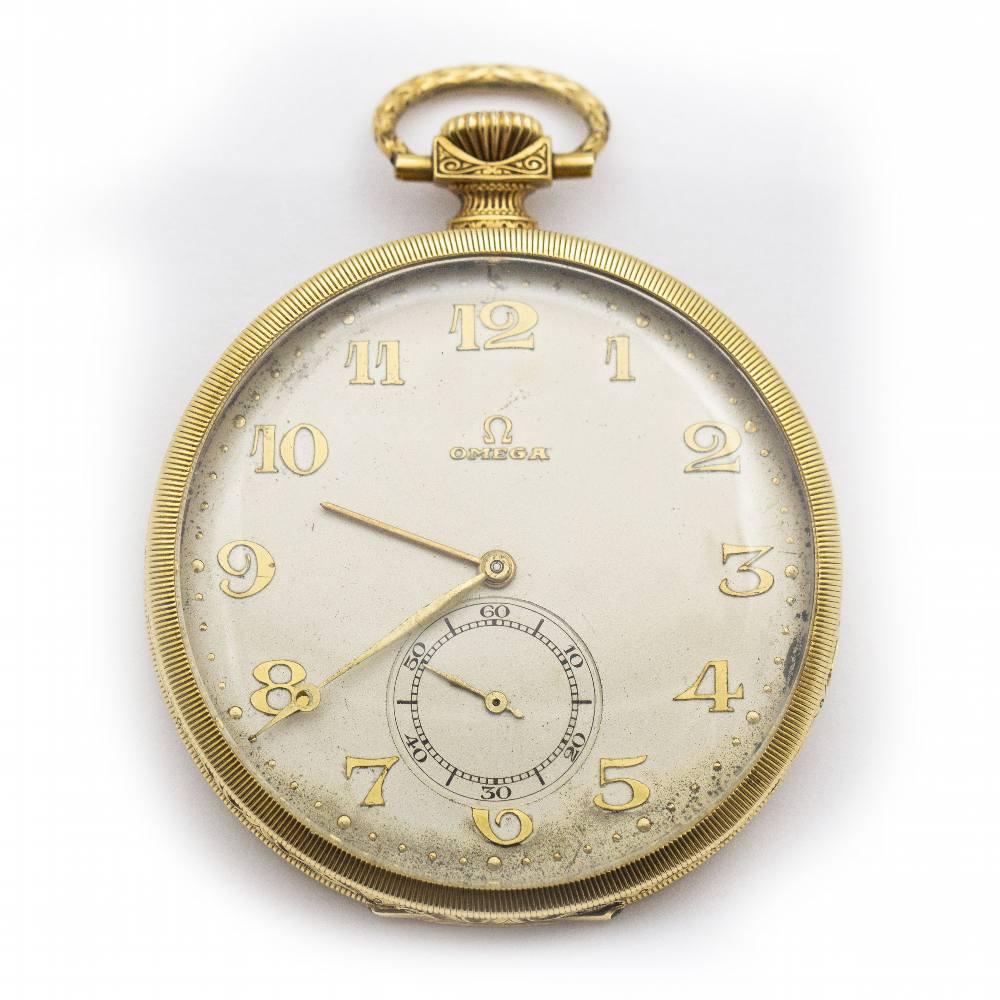 18K GOLD pocket watch, with white enamel dial in fantastic condition  Signed OMEGA, with gold numbering and seconds hand at 6 o'clock  Sabonette type case with 3 lids all in 18K GOLD, the inside of the front lid is signed OMEGA and logo.  Swiss 18K