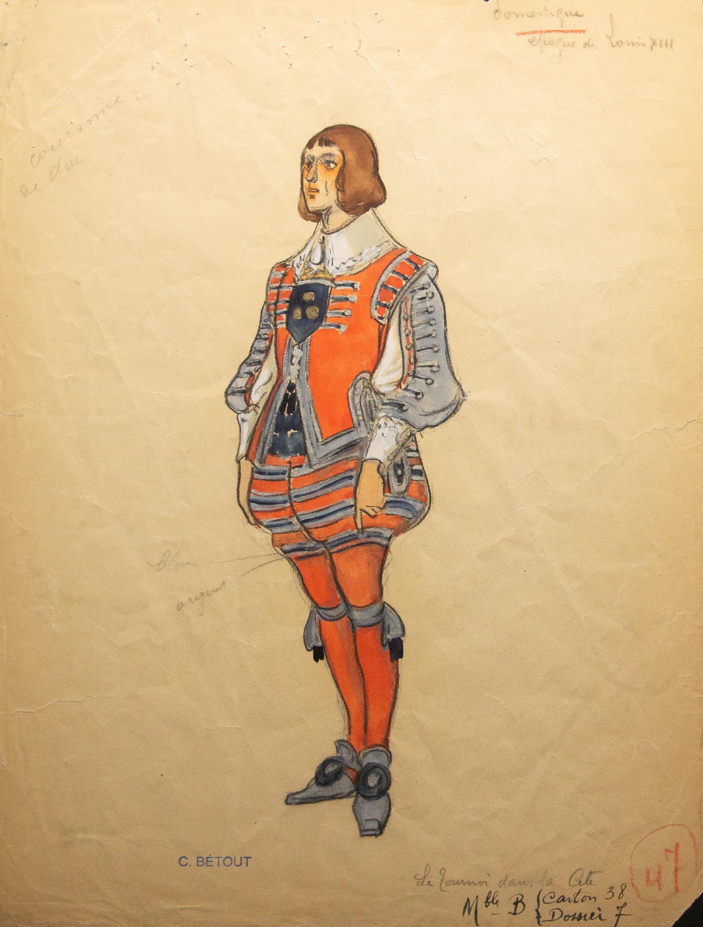 Napoleon III Original Opera and Theatre Costume Watercolor Design by Charles Betout, Paris For Sale