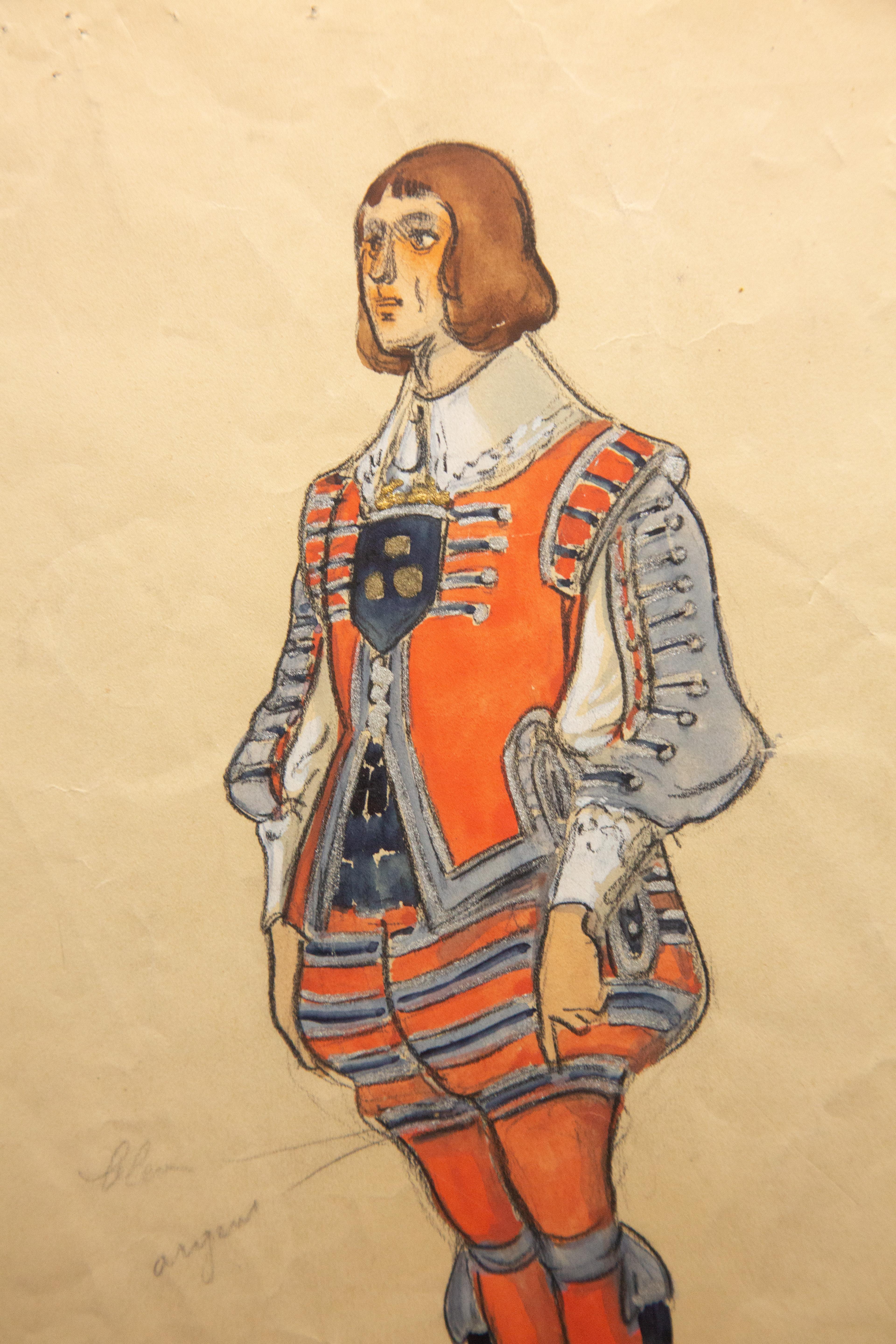 20th Century Original Opera and Theatre Costume Watercolor Design by Charles Betout, Paris For Sale