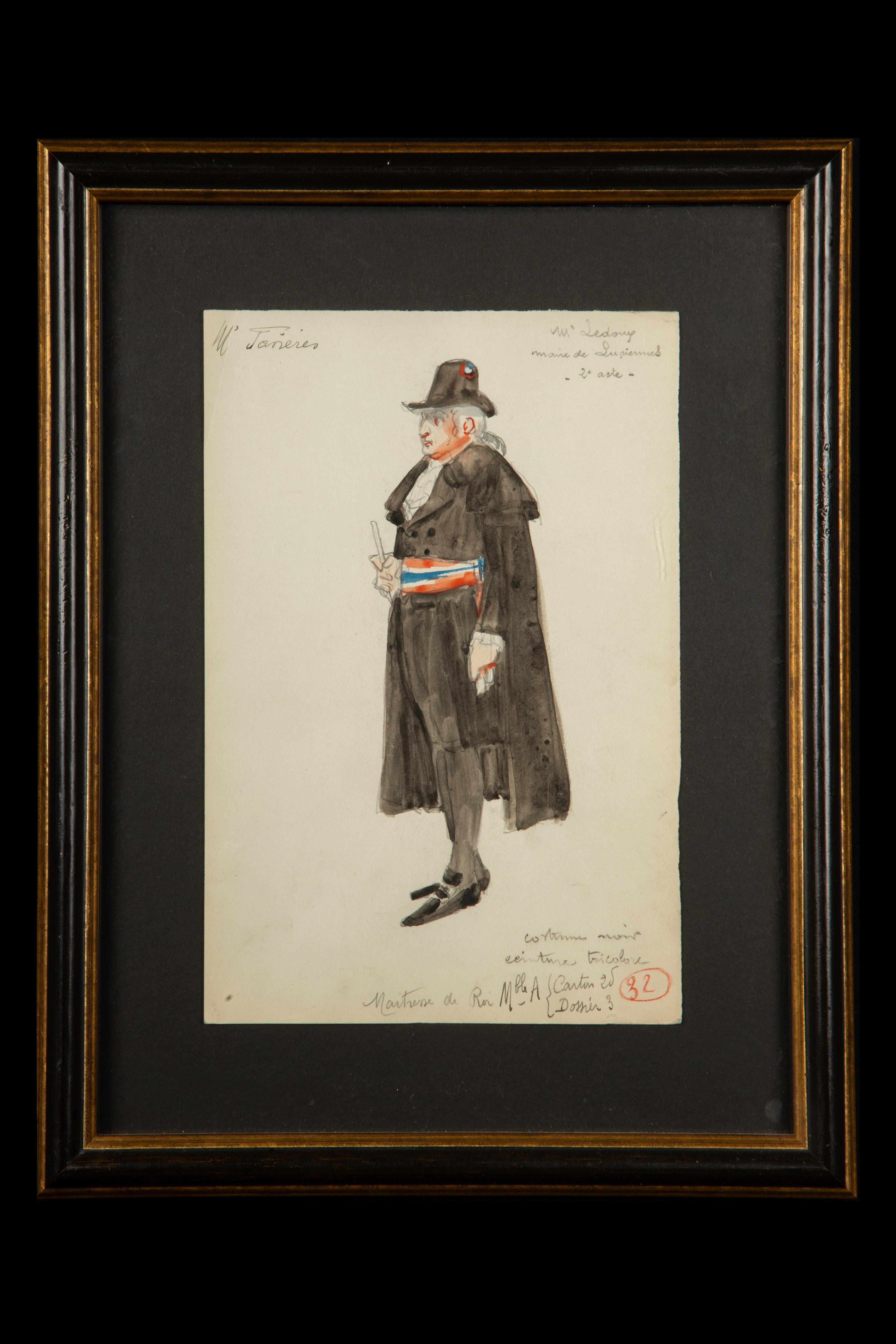 Original watercolor opera costume design by Charles Betout, the principal costume designer for the Comédie-Française in Paris from 1919 til his death in 1939. Betout was renowned for his diligent historical research, and his costumes were in high