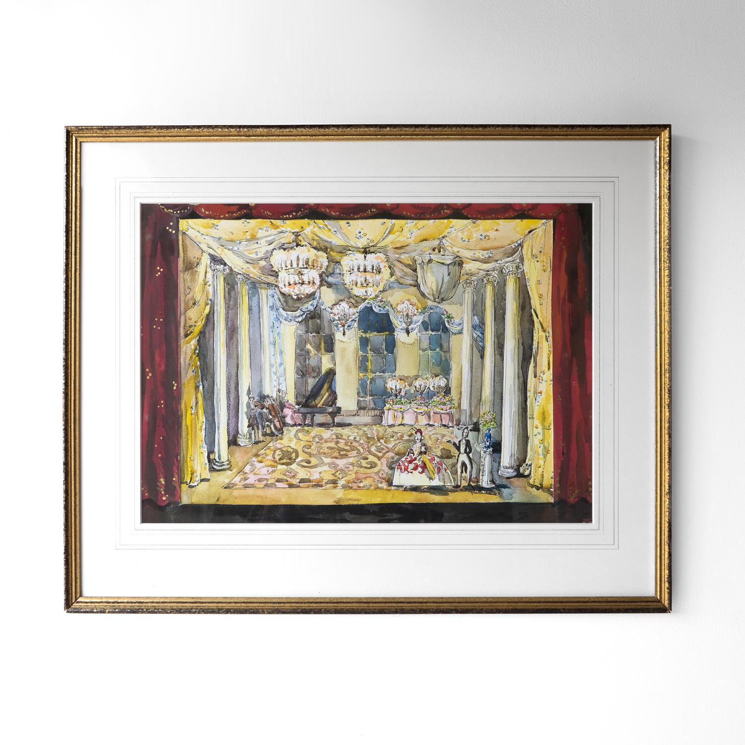 VINTAGE FRAMED THEATRICAL ARTWORK, 20th Century

An original stage design for an opera which depicts an extremely grand interior with performers in period costume as well as the musicians towards the back of the stage. All sitting within red cut-out