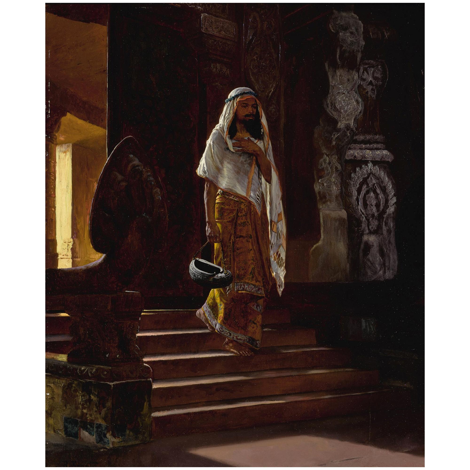 Original Orientalist Oil Painting of a Man Entering the Temple by Rudolf Ernst