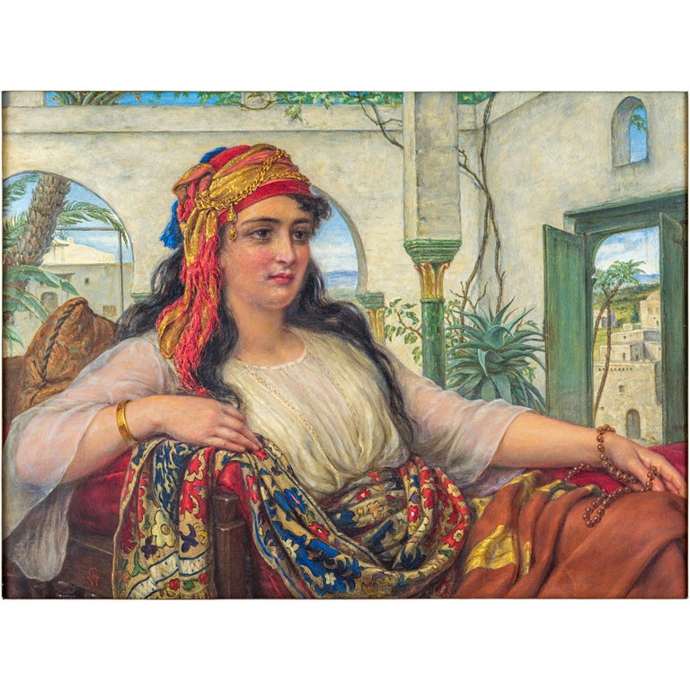Original orientalist oil painting of a reclining harem beauty by William Gale

Artist: William Gale (British, 1823-1909)
signed with artist monogram 'WG' (L/L)
Medium: oil on canvas
Size: 12 in x 16 1/8 in.; (framed) 20 1/2 in. x 24 1/2 in.