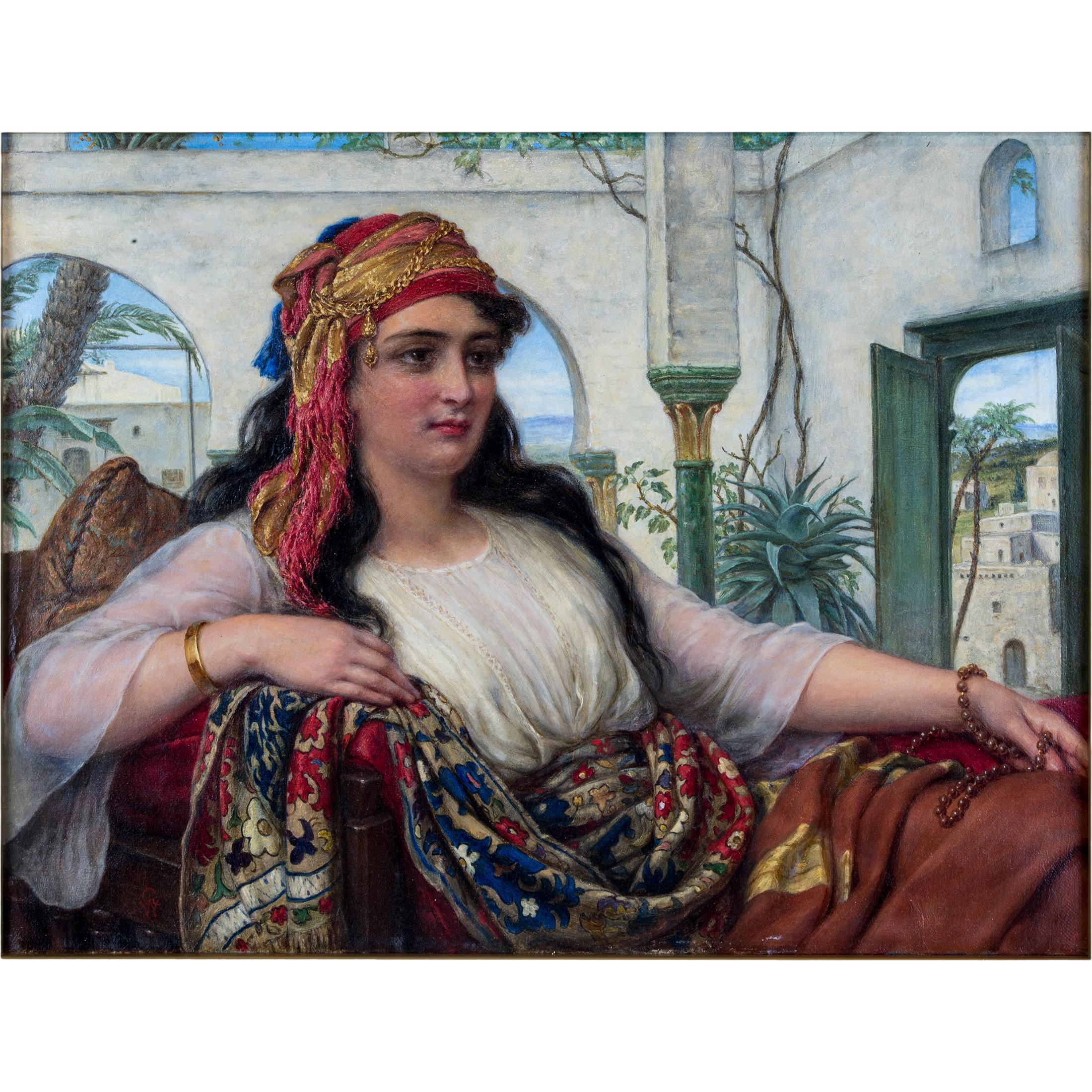 Original orientalist oil painting of a reclining harem beauty by William Gale

Artist: William Gale (British, 1823-1909)
signed with artist monogram 'WG' (L/L)
Medium: oil on canvas
Size: 12 in x 16 1/8 in.; (framed) 20 1/2 in. x 24 1/2 in.