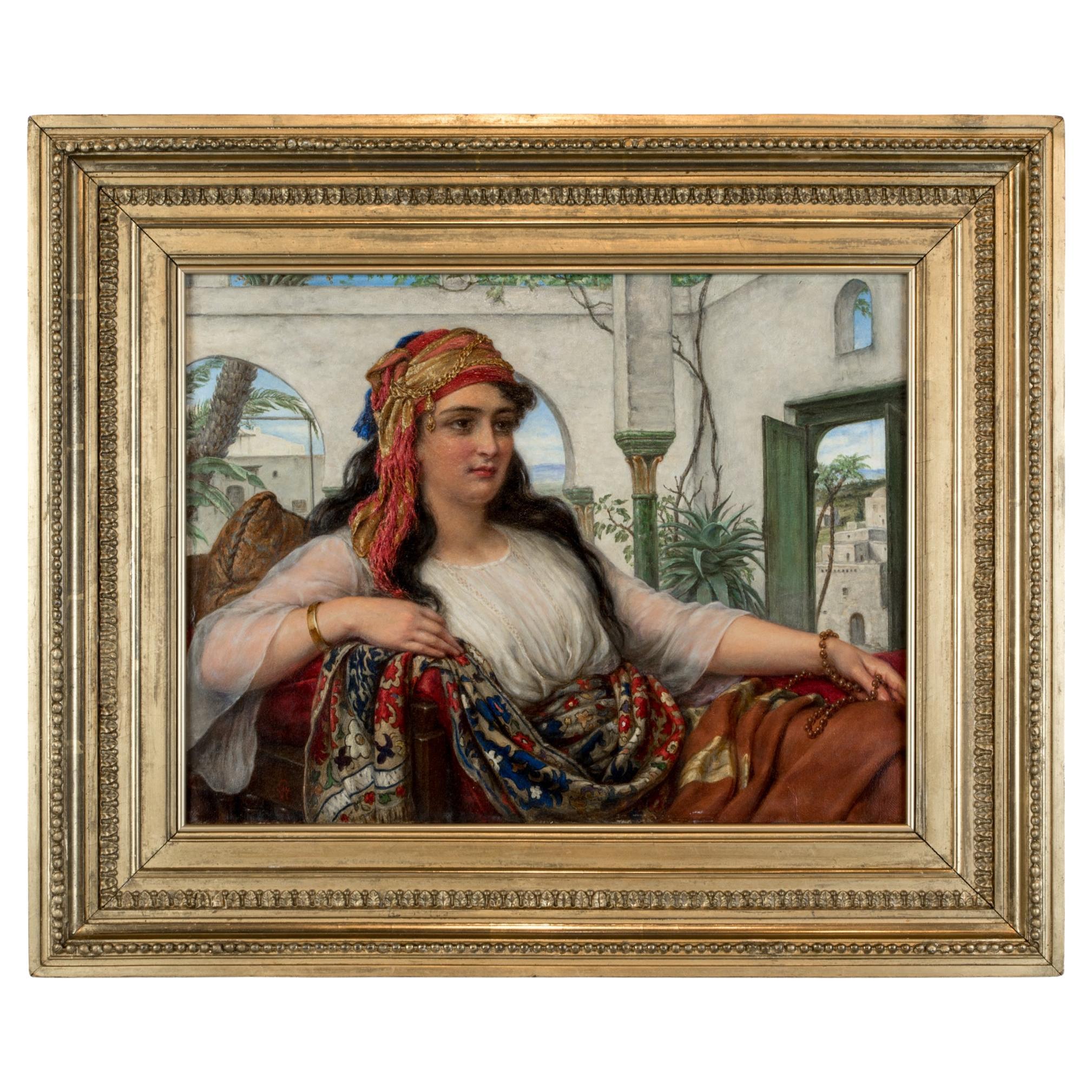 Original Orientalist Oil Painting of a Reclining Harem Beauty by William Gale For Sale