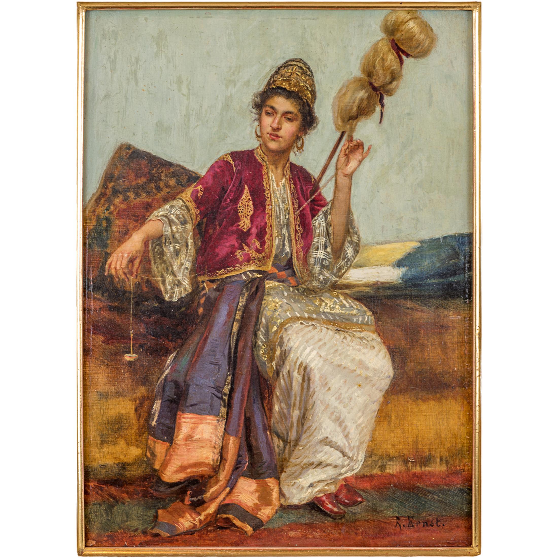 A Beautiful orientalist painting depicting a beautiful young woman with a spool spinner. 
Rudolf Ernst travelled to Spain, North Africa, Turkey and Egypt in the late nineteenth century and he became fascinated with Islamic culture and his paintings