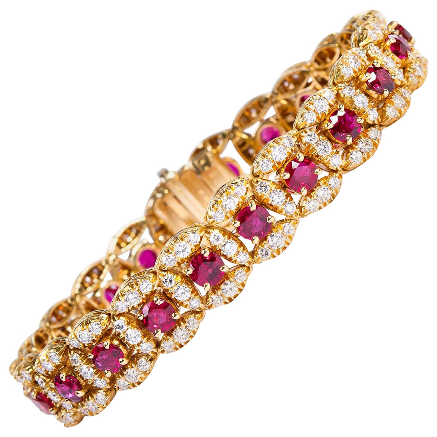 Round Cut Original Oscar Heyman Ruby and Diamond Bracelet For Sale