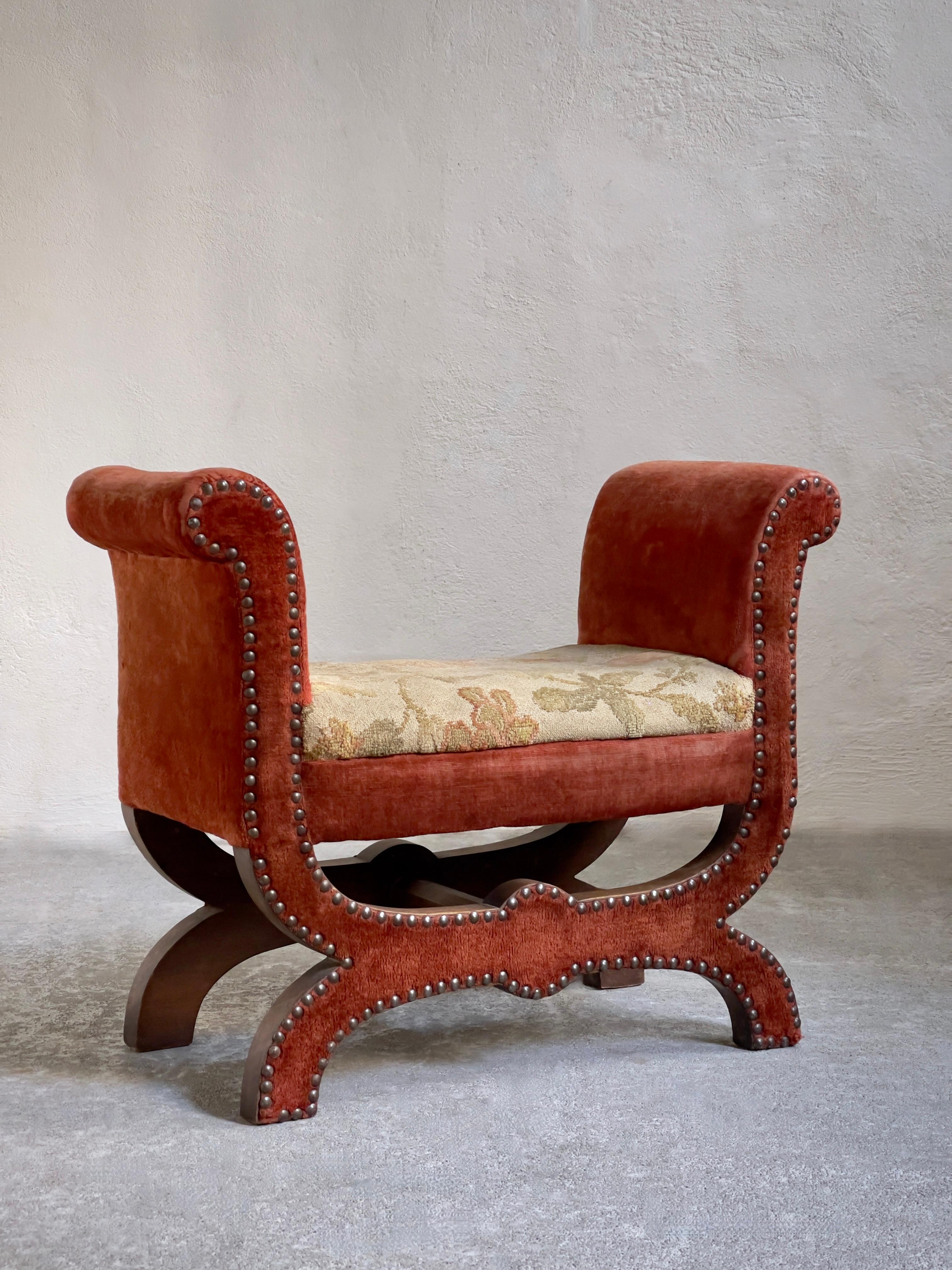 Original Otto Schultz stool with nailheads and fabric for Boet 1930s, Sweden.