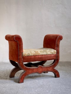 Vintage Original Otto Schultz stool with nailheads and fabric for Boet 1930s, Sweden.