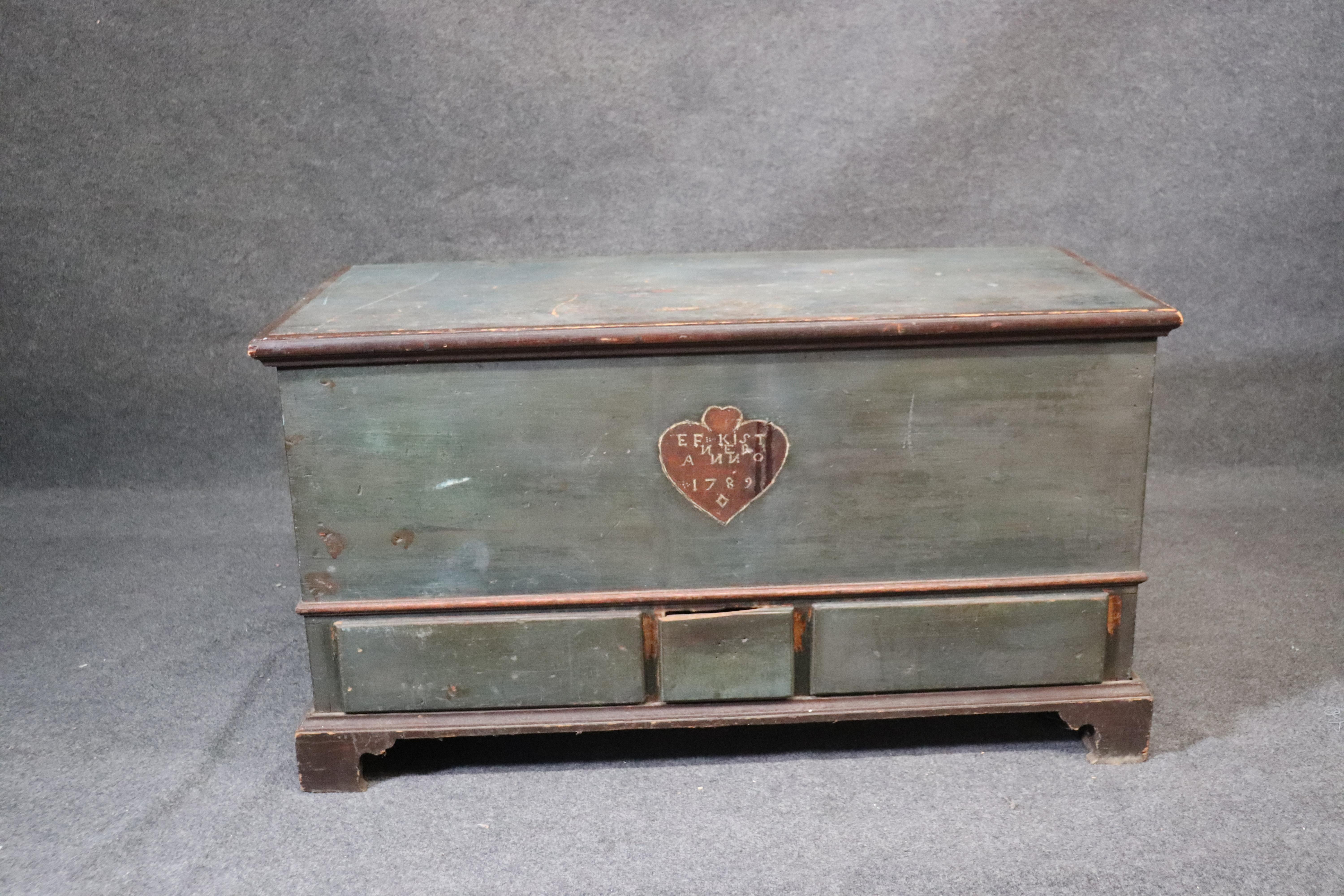 This original Pennsylvania blanket chest is dated and signed 1789 and was even sold by another antique dealer in the late 1800s. The blanket chest appears to be completely original and in tact with no apparent damage or missing pieces. The piece