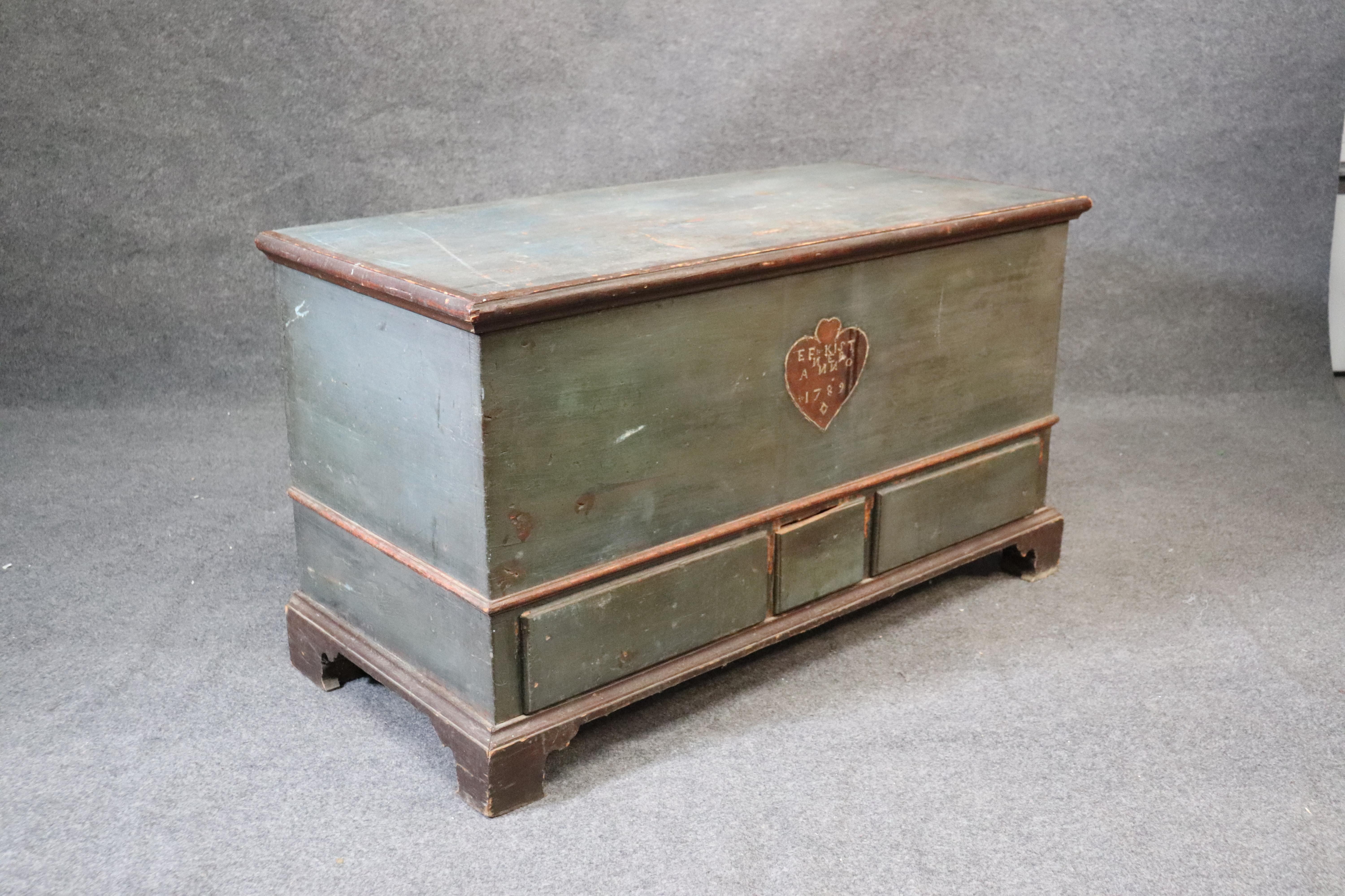 Original Paint Decorated Pennsylvania Pine Blanket Dower Chest, Dated 1789 In Good Condition In Swedesboro, NJ
