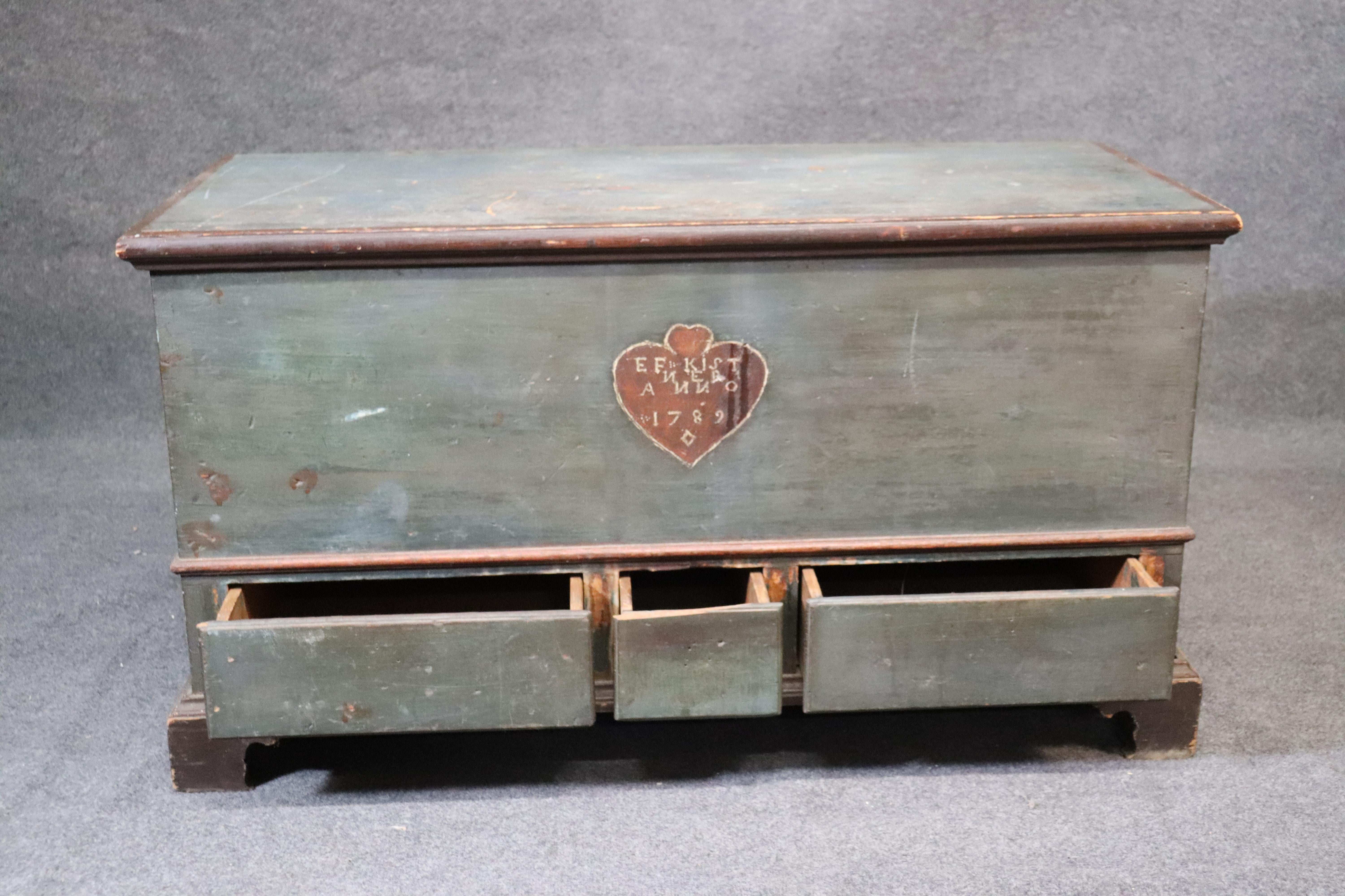 Late 18th Century Original Paint Decorated Pennsylvania Pine Blanket Dower Chest, Dated 1789