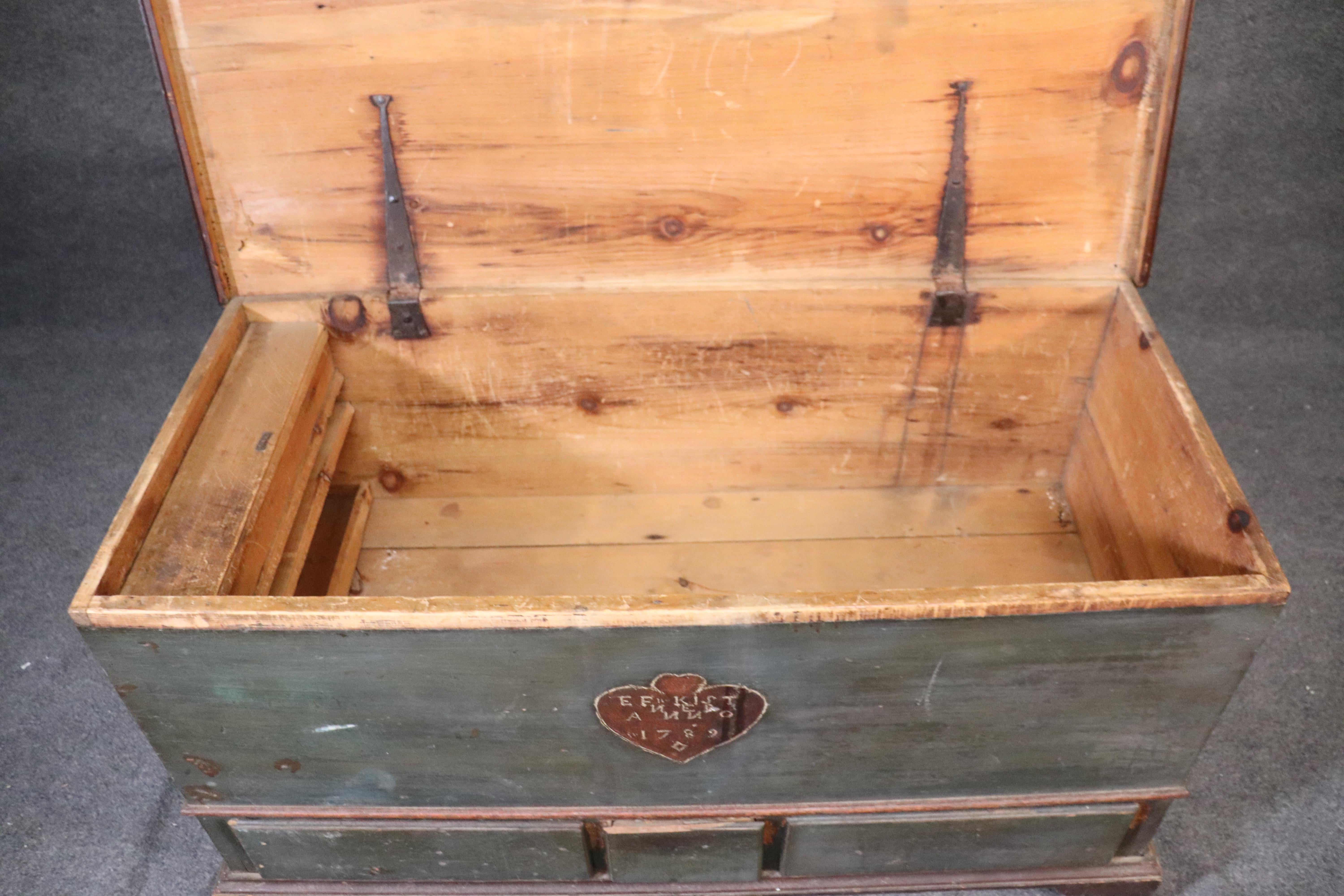 Original Paint Decorated Pennsylvania Pine Blanket Dower Chest, Dated 1789 1