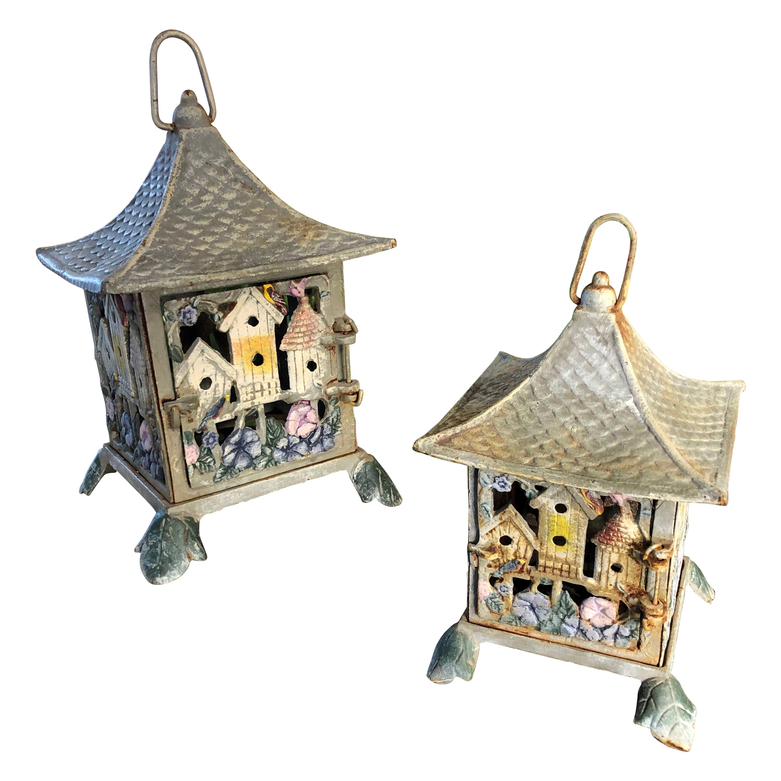 Original Pair Painted "Flower & Bird Houses" Tea Garden Lanterns 