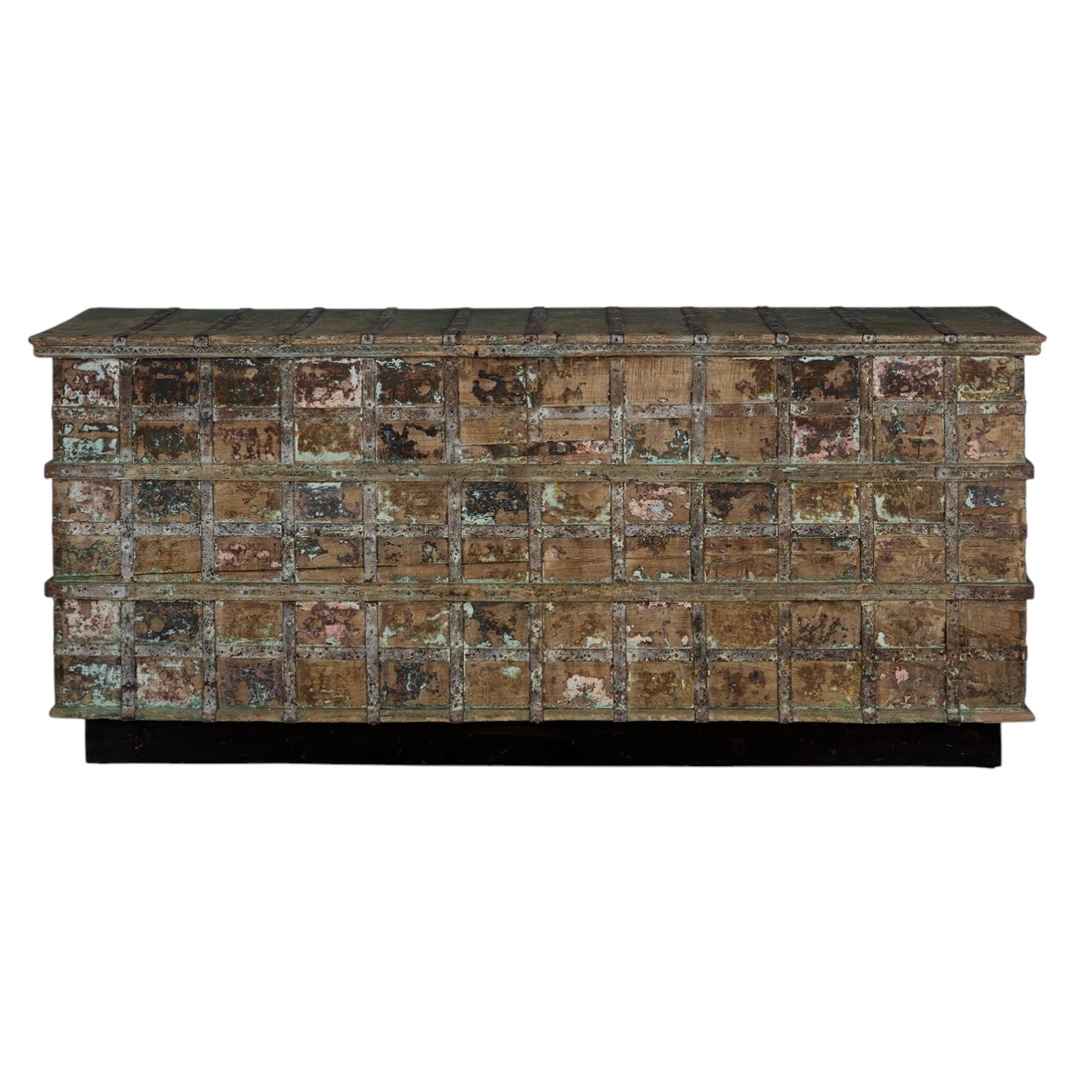 Original Paint Patina Elm Server with Meta Elements on Plinth Base For Sale