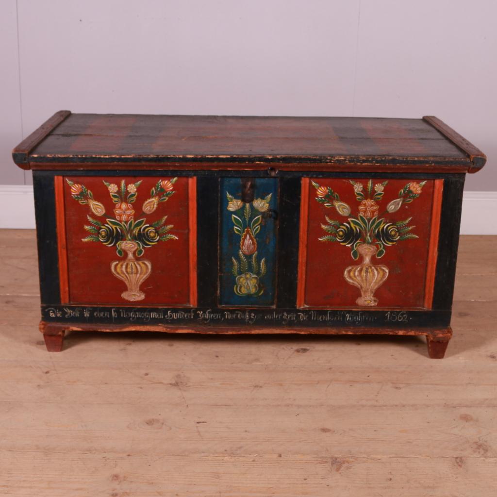 Pretty mid 19th C original painted Austrian coffer. 1862.

Dimensions
45.5 inches (116 cms) wide
23 inches (58 cms) deep
22.5 inches (57 cms) high.