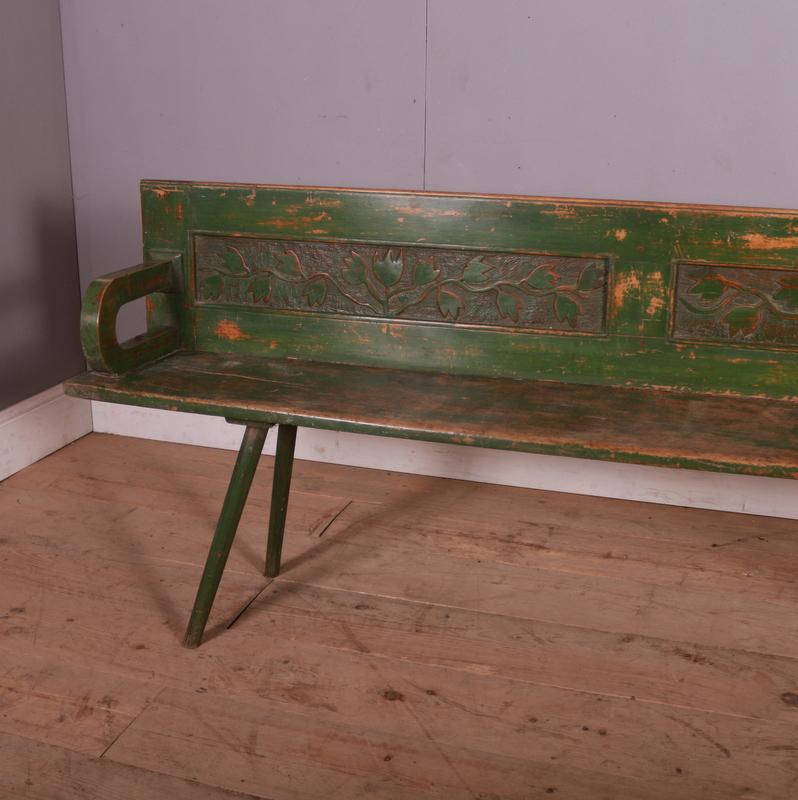 Unique original painted pine carved Austrian settle bench. 1820.

Seat height is 19