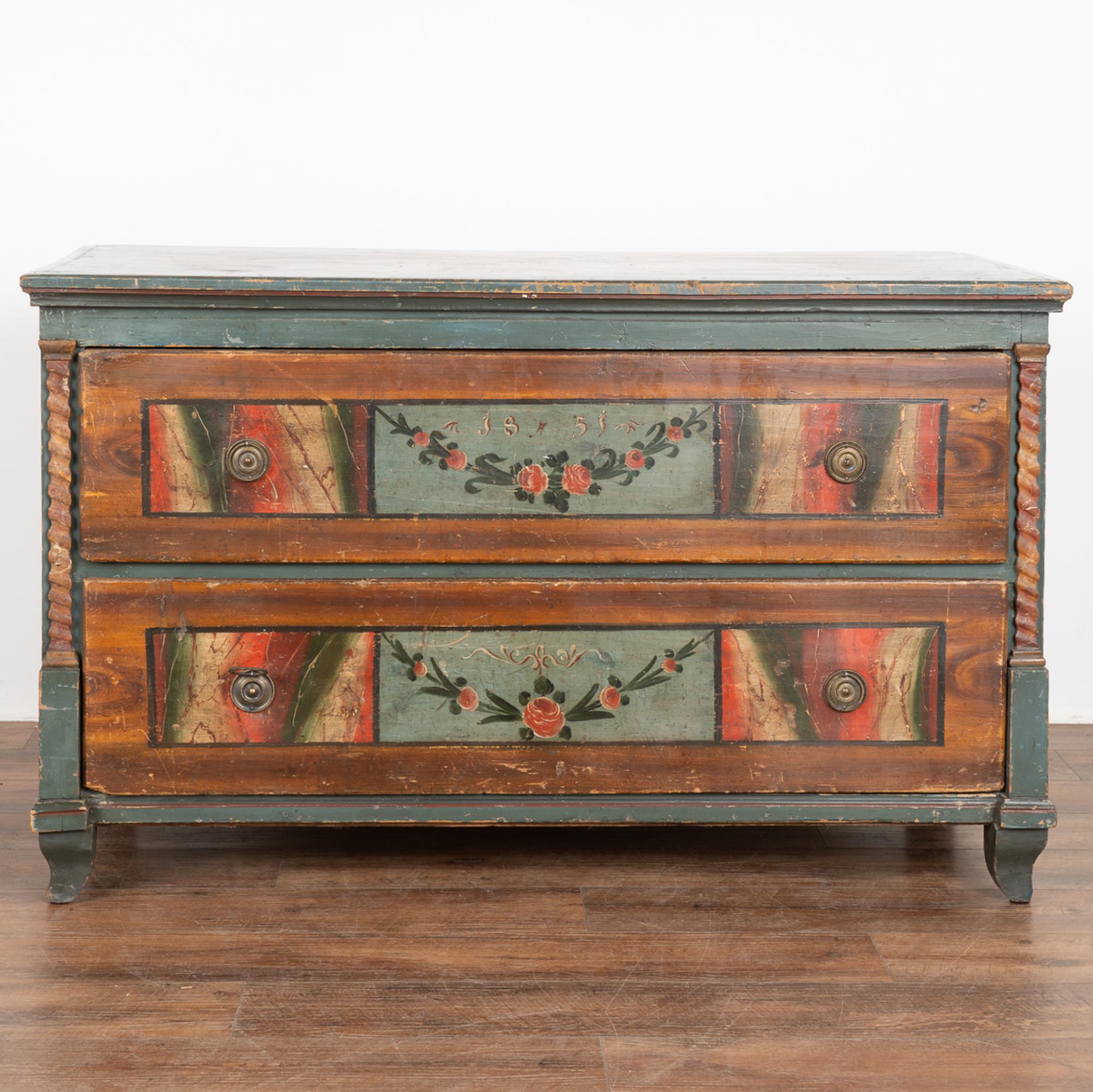 Hungarian Original Painted Blanket Chest of Two Drawers, Hungary dated 1851 For Sale