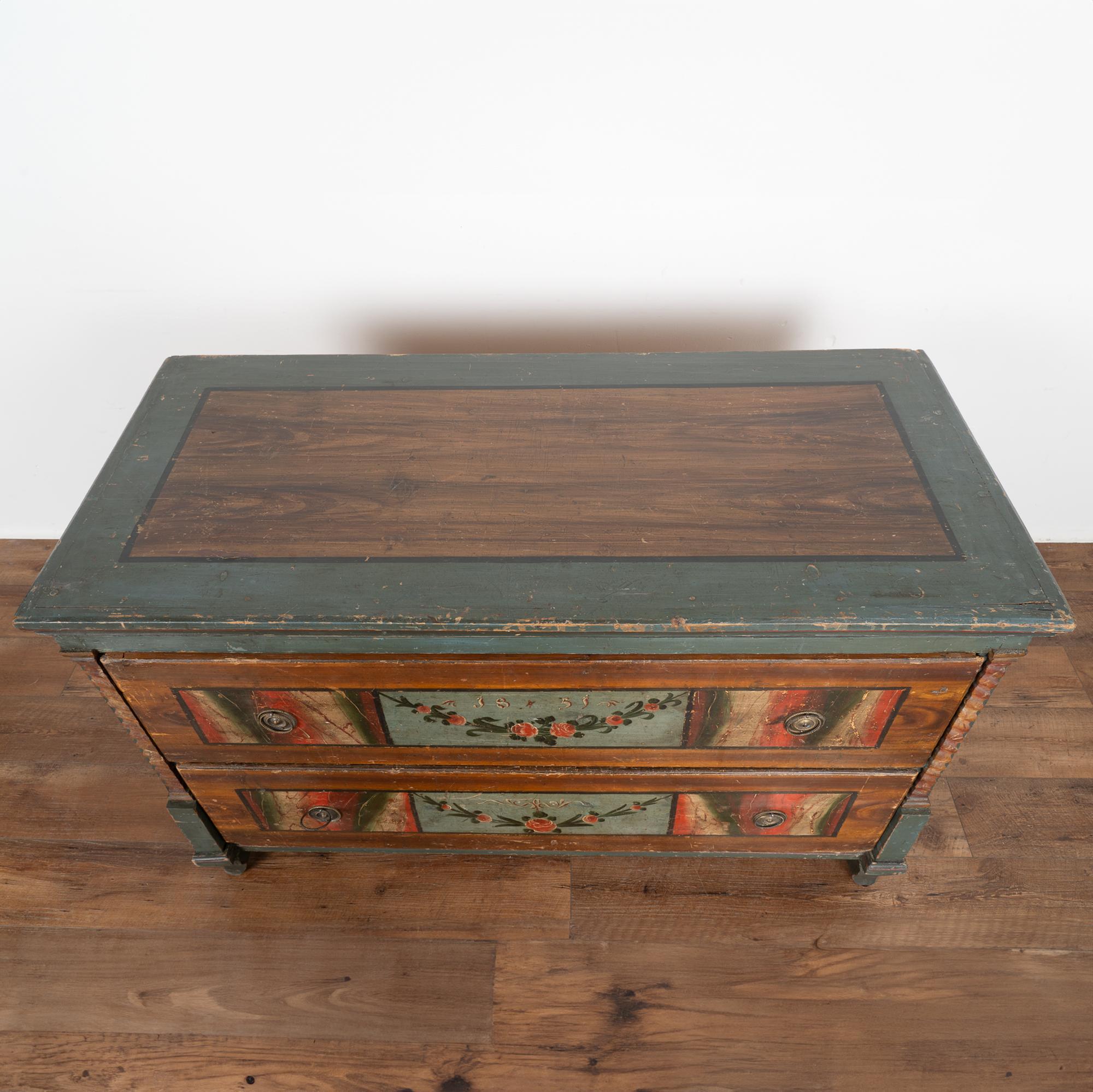 Original Painted Blanket Chest of Two Drawers, Hungary dated 1851 In Good Condition For Sale In Round Top, TX