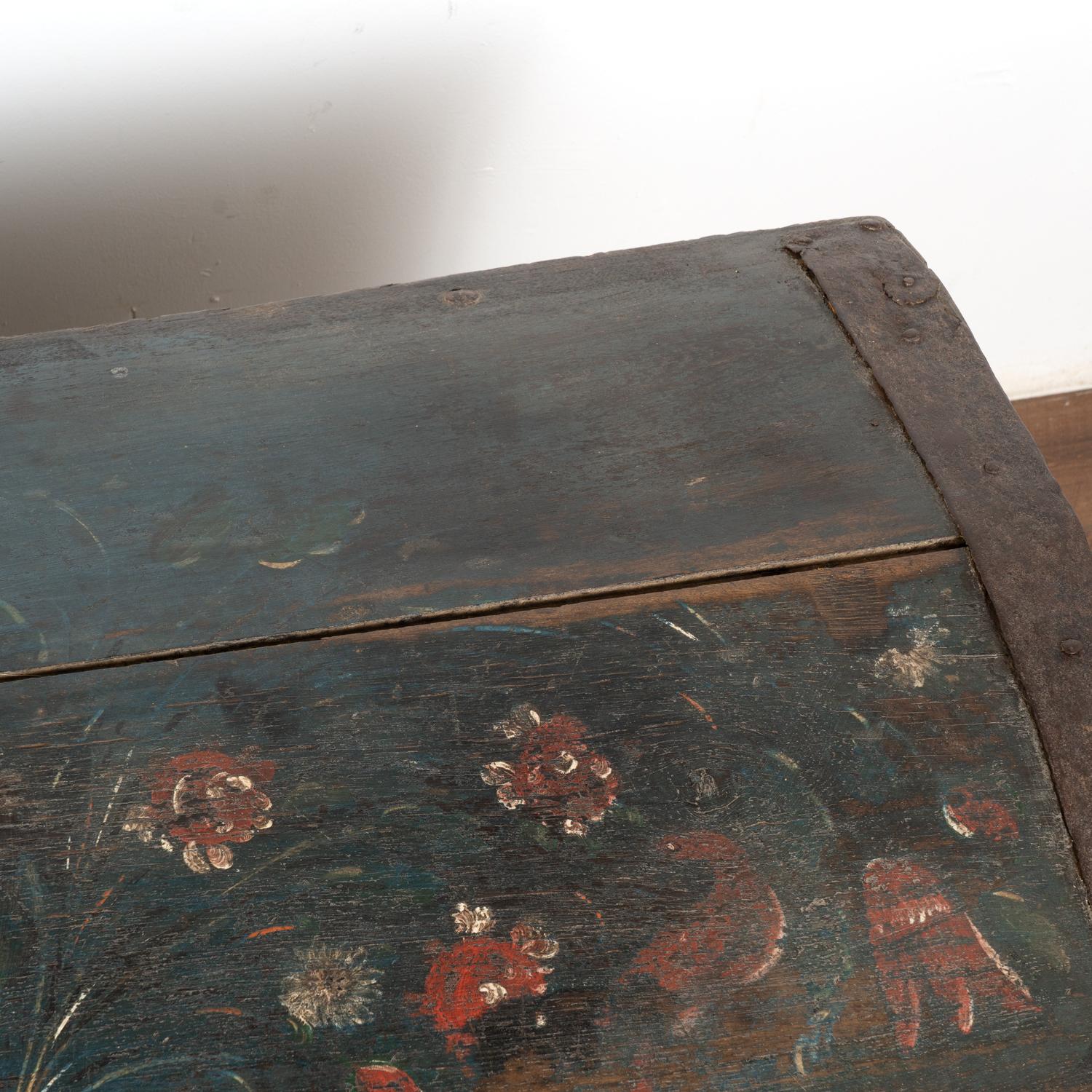 Original Painted Blue Dome Top Trunk with Birds and Flowers, Sweden dated 1841 For Sale 3
