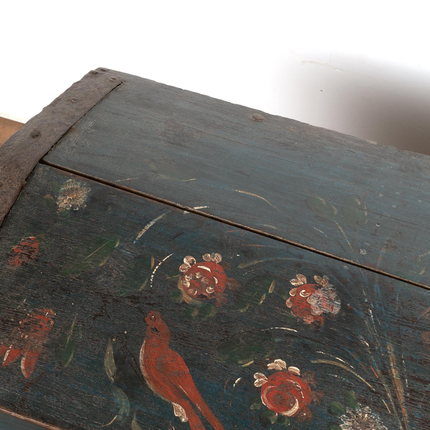 Original Painted Blue Dome Top Trunk with Birds and Flowers, Sweden dated 1841 For Sale 4