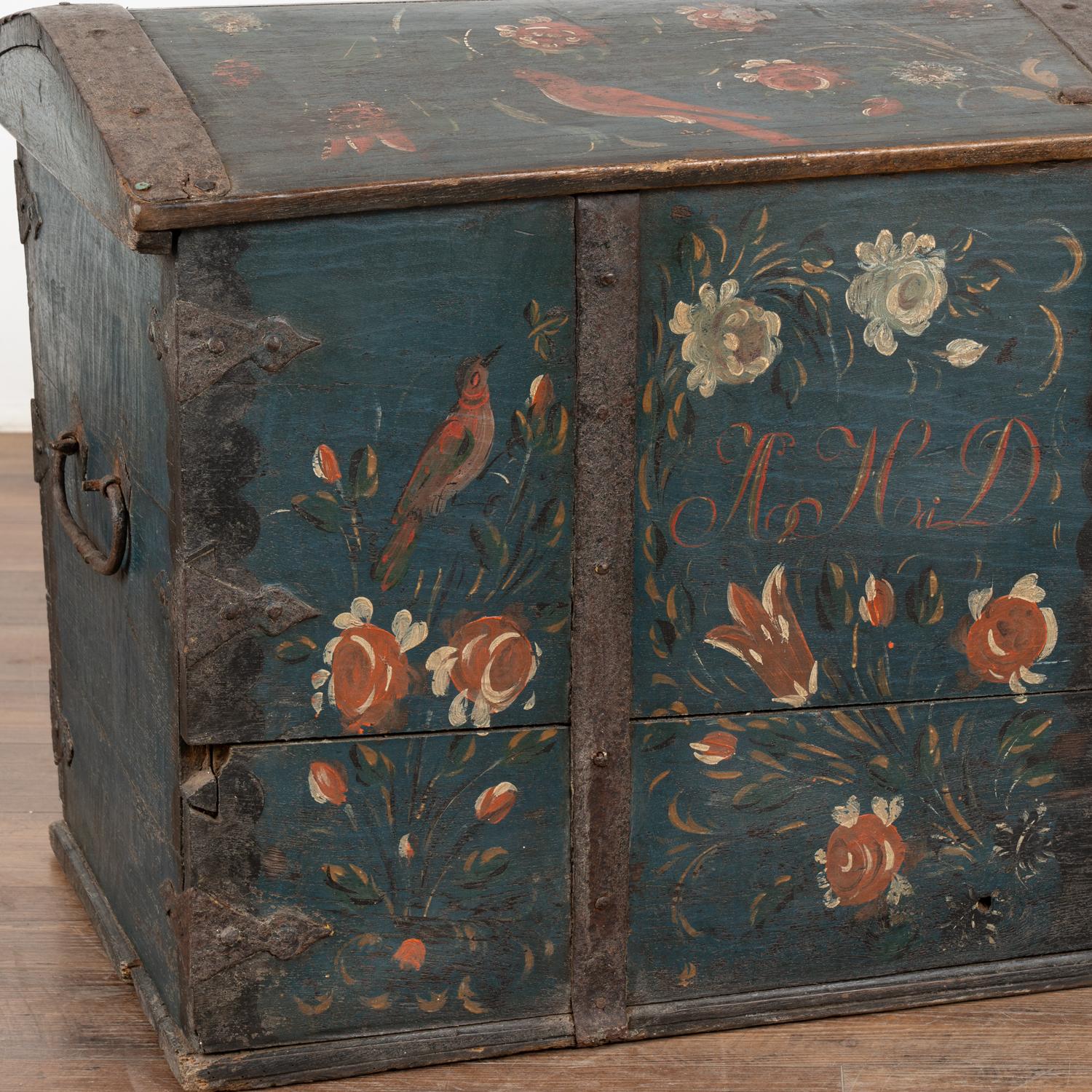 Folk Art Original Painted Blue Dome Top Trunk with Birds and Flowers, Sweden dated 1841 For Sale