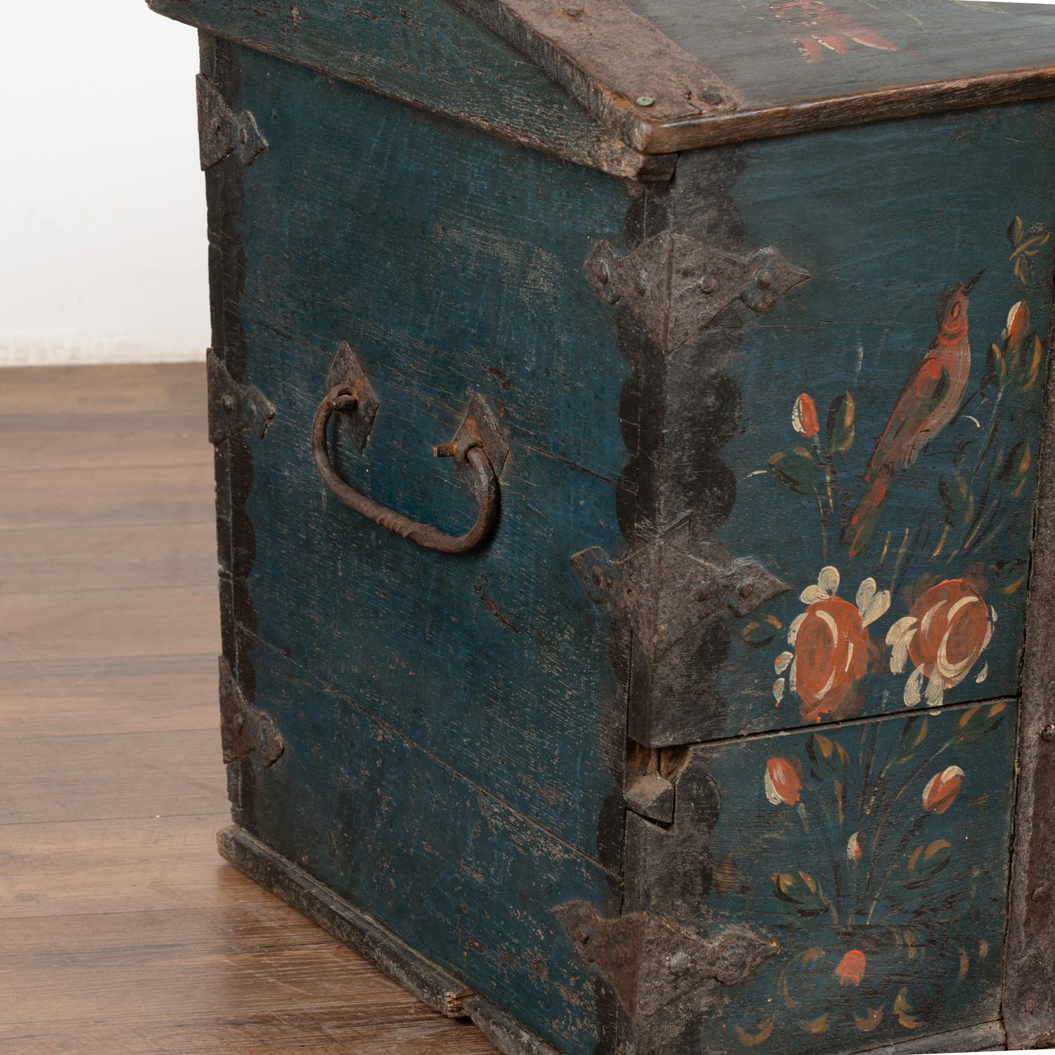 Swedish Original Painted Blue Dome Top Trunk with Birds and Flowers, Sweden dated 1841 For Sale