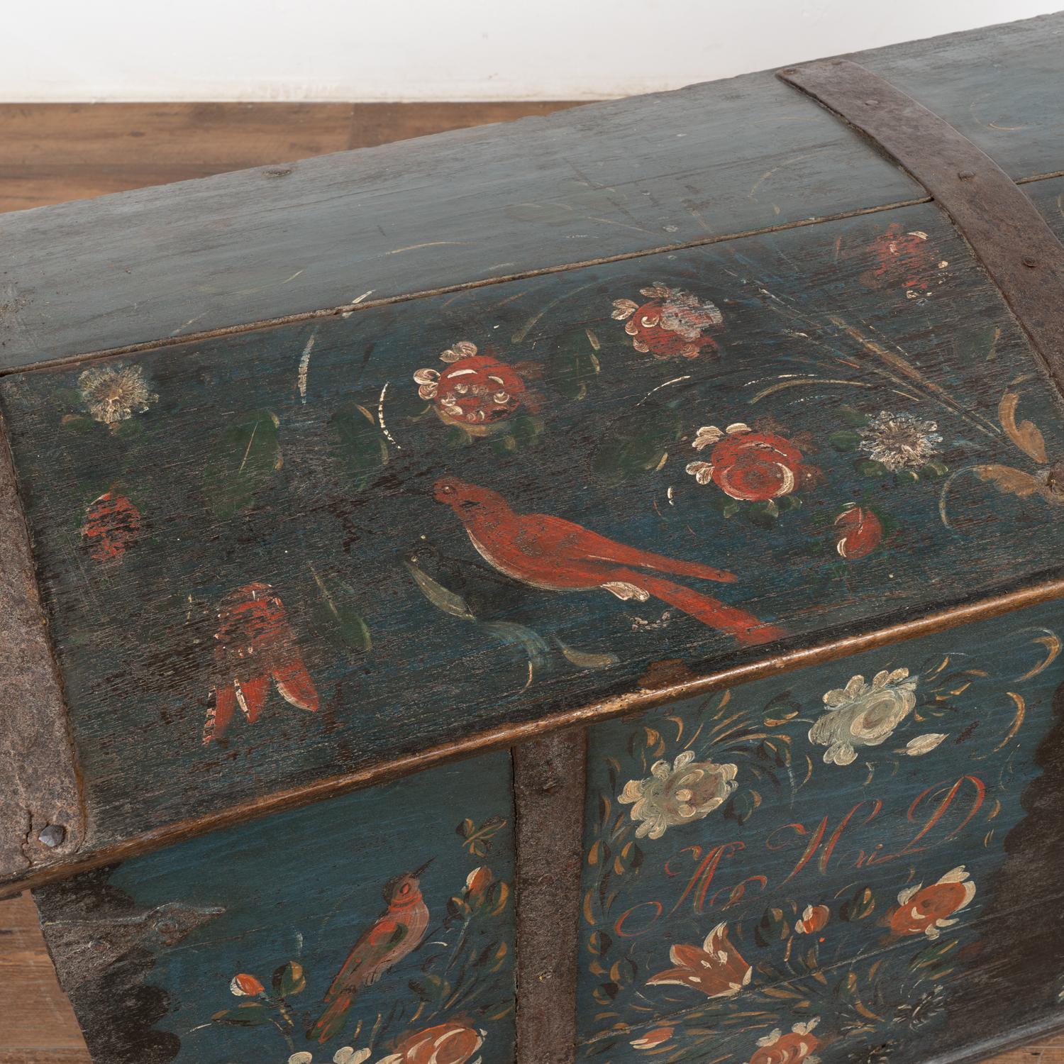 Original Painted Blue Dome Top Trunk with Birds and Flowers, Sweden dated 1841 In Good Condition For Sale In Round Top, TX